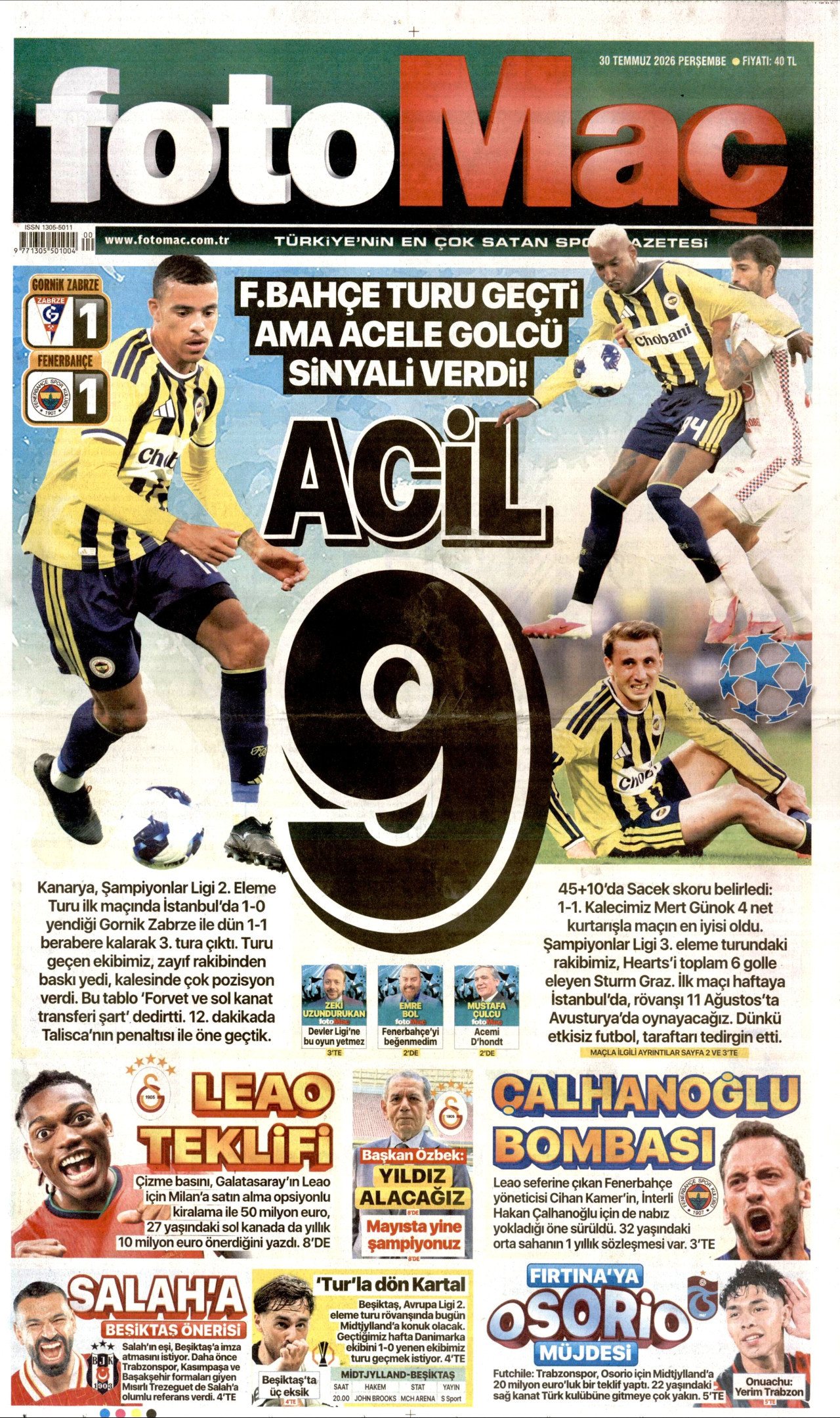 FOTOMAÇ gazetesinin 30 Temmuz 2026 tarihli birinci sayfası