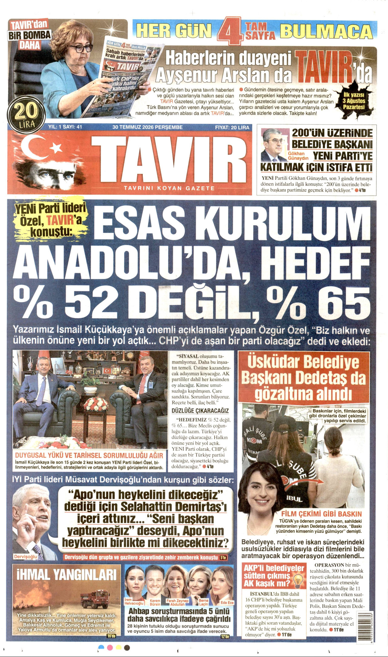 TAVIR GAZETESİ gazetesinin 30 Temmuz 2026 tarihli birinci sayfası