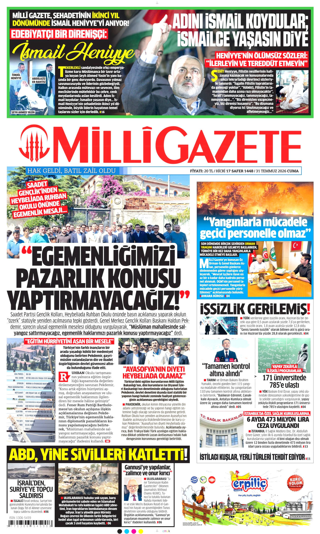 MİLLİ GAZETE gazetesinin 31 Temmuz 2026 tarihli birinci sayfası
