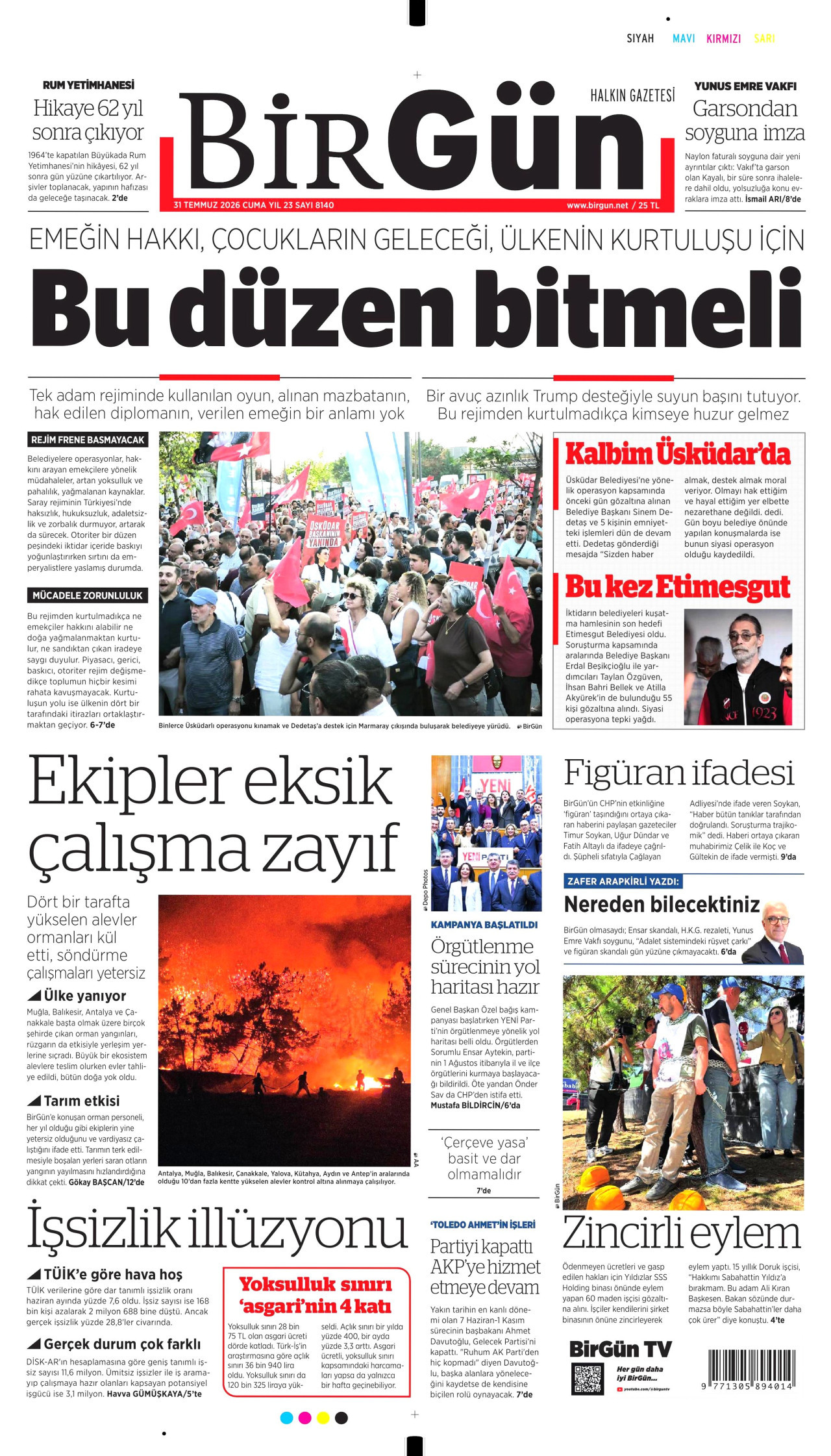 BİRGÜN gazetesinin 31 Temmuz 2026 tarihli birinci sayfası