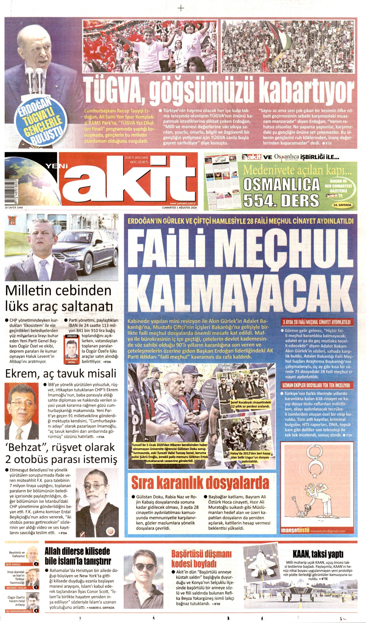 YENİ AKİT gazetesinin 1 Ağustos 2026 tarihli birinci sayfası