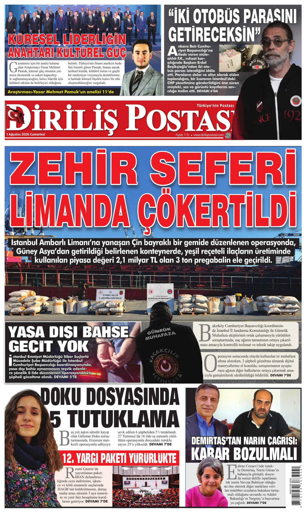 DİRİLİŞ POSTASI gazetesinin 1 Ağustos 2026 tarihli birinci sayfası