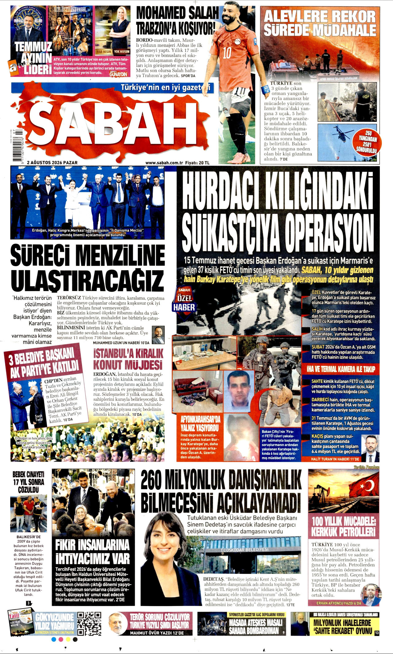 SABAH gazetesinin 2 Ağustos 2026 tarihli birinci sayfası