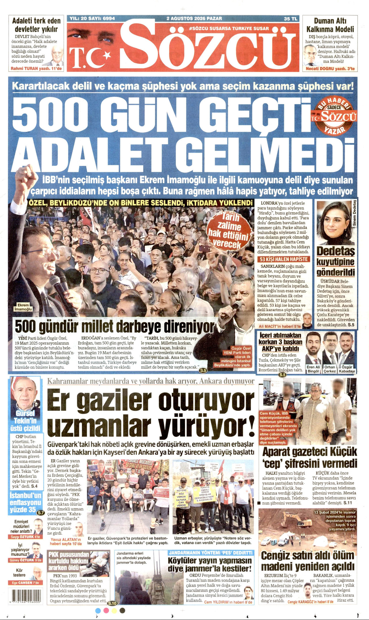 SÖZCÜ gazetesinin 2 Ağustos 2026 tarihli birinci sayfası