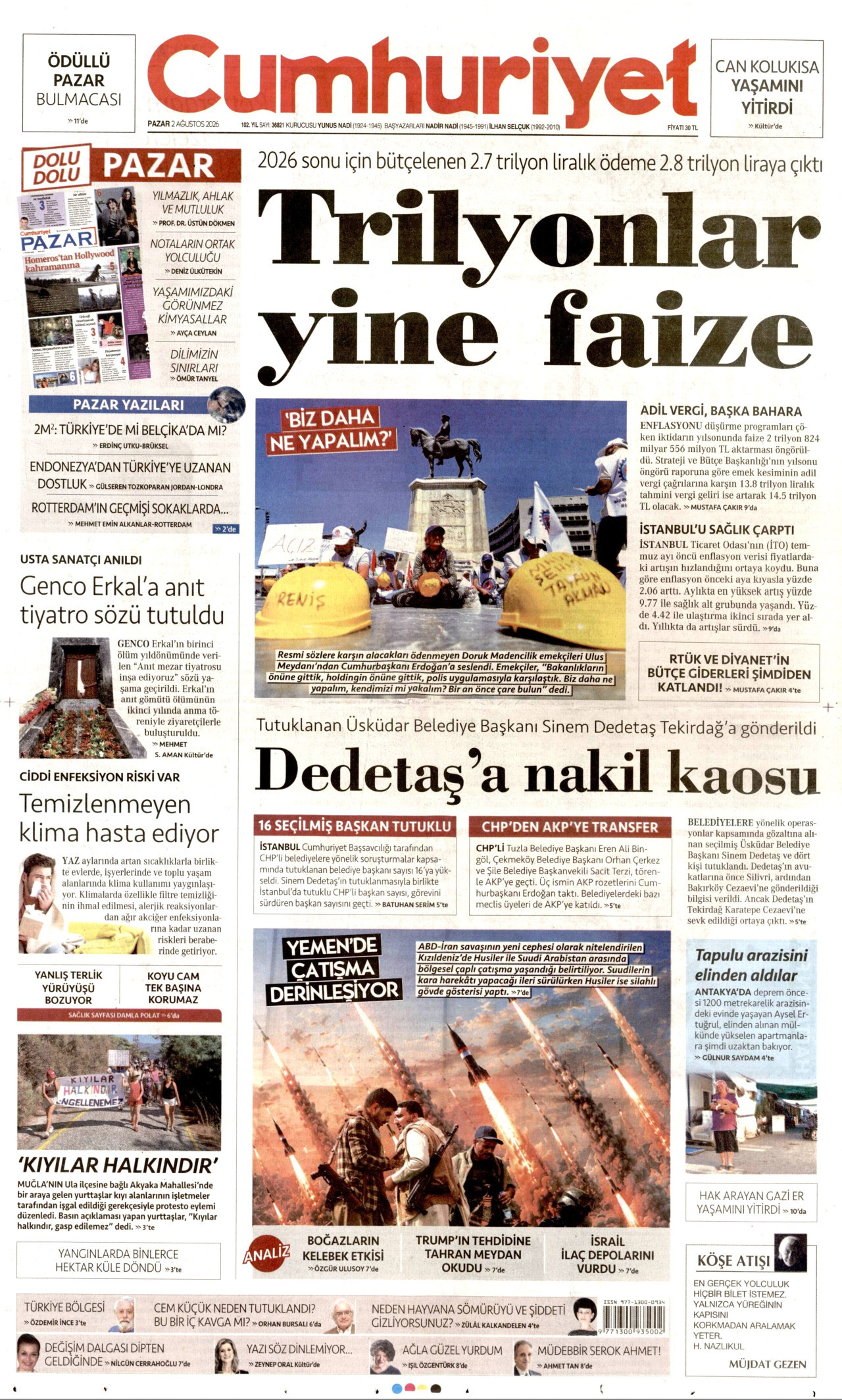 CUMHURİYET gazetesinin 2 Ağustos 2026 tarihli birinci sayfası