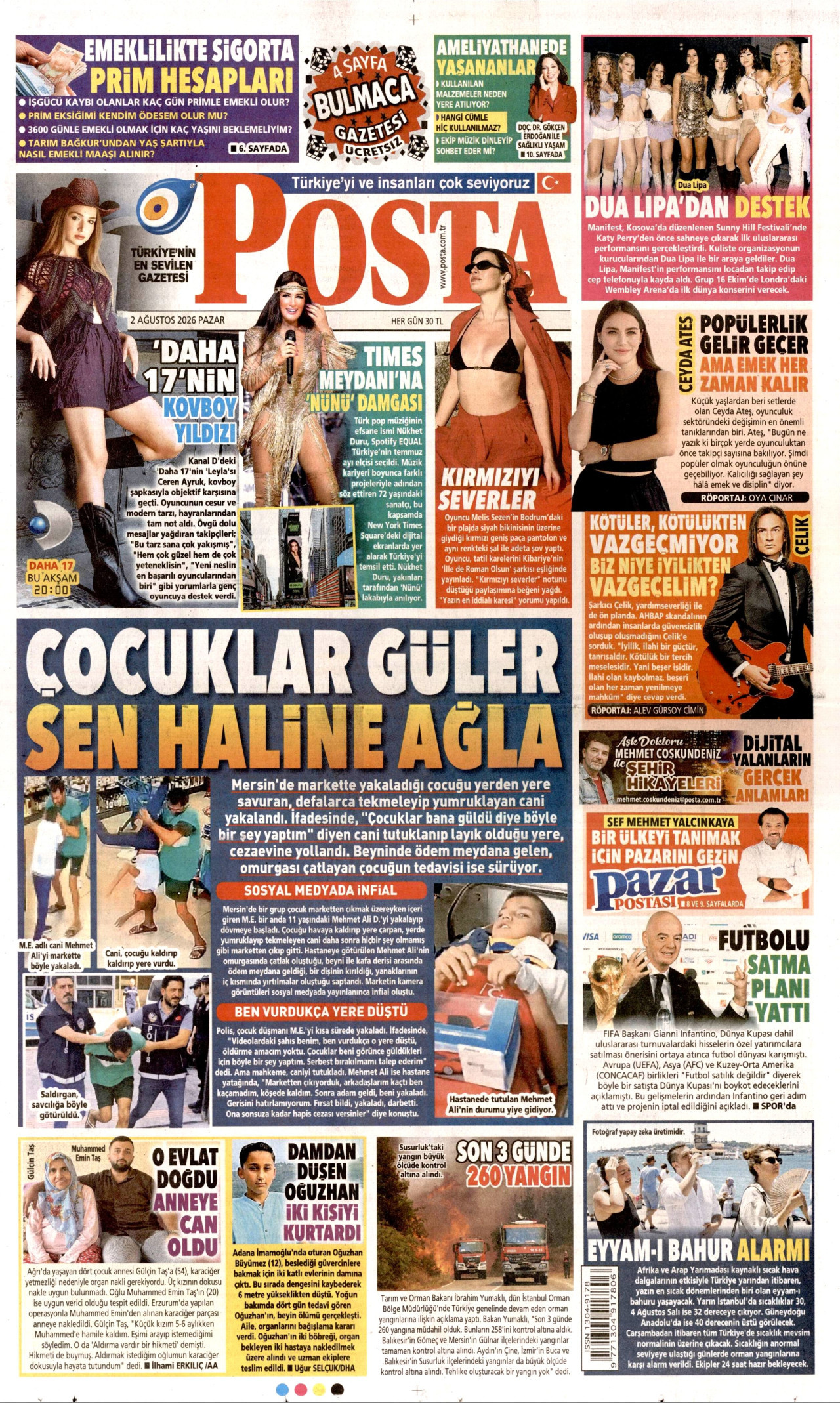 POSTA gazetesinin 2 Ağustos 2026 tarihli birinci sayfası