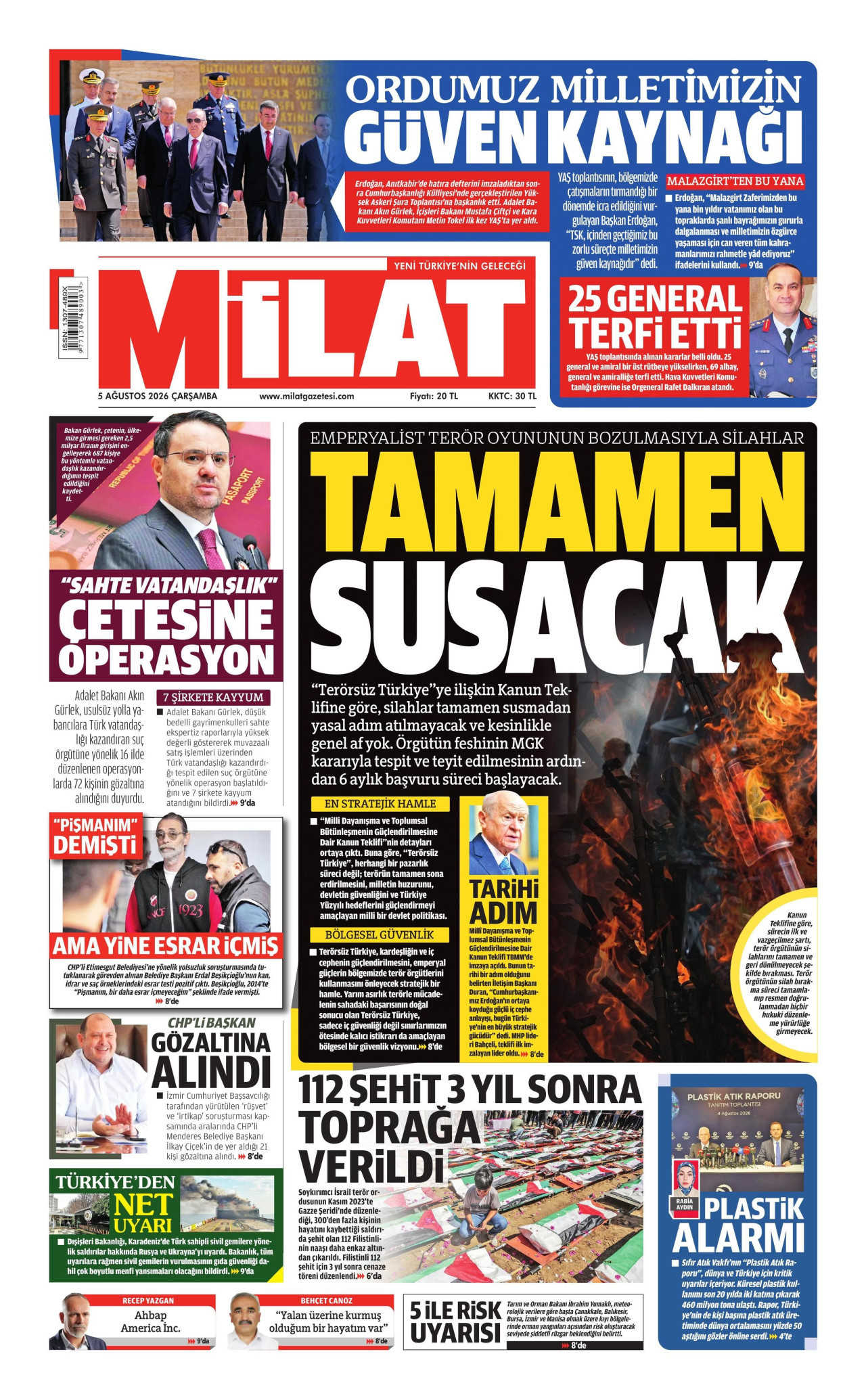 MİLAT gazetesinin 5 Ağustos 2026 tarihli birinci sayfası