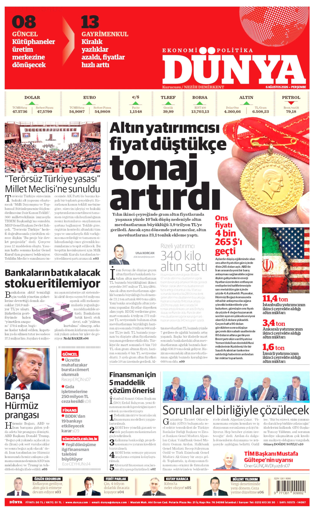 DÜNYA gazetesinin 6 Ağustos 2026 tarihli birinci sayfası