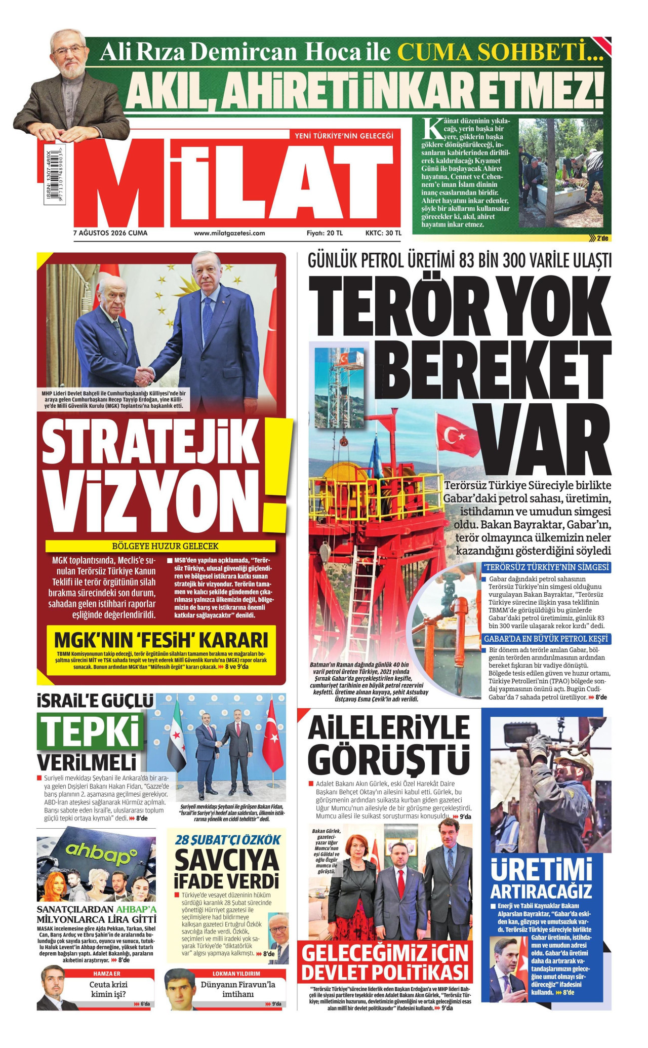 MİLAT gazetesinin 7 Ağustos 2026 tarihli birinci sayfası