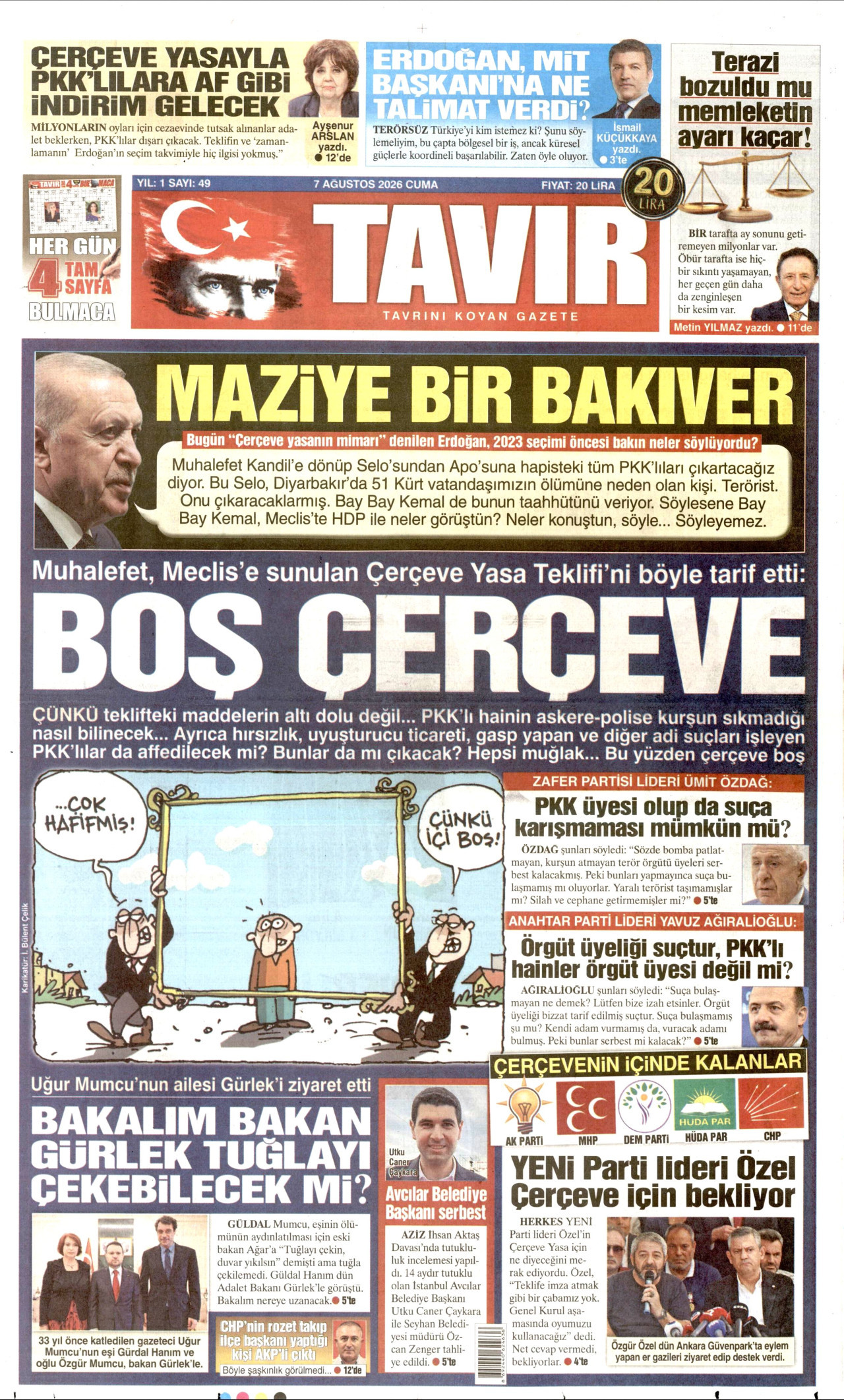 TAVIR GAZETESİ gazetesinin 7 Ağustos 2026 tarihli birinci sayfası