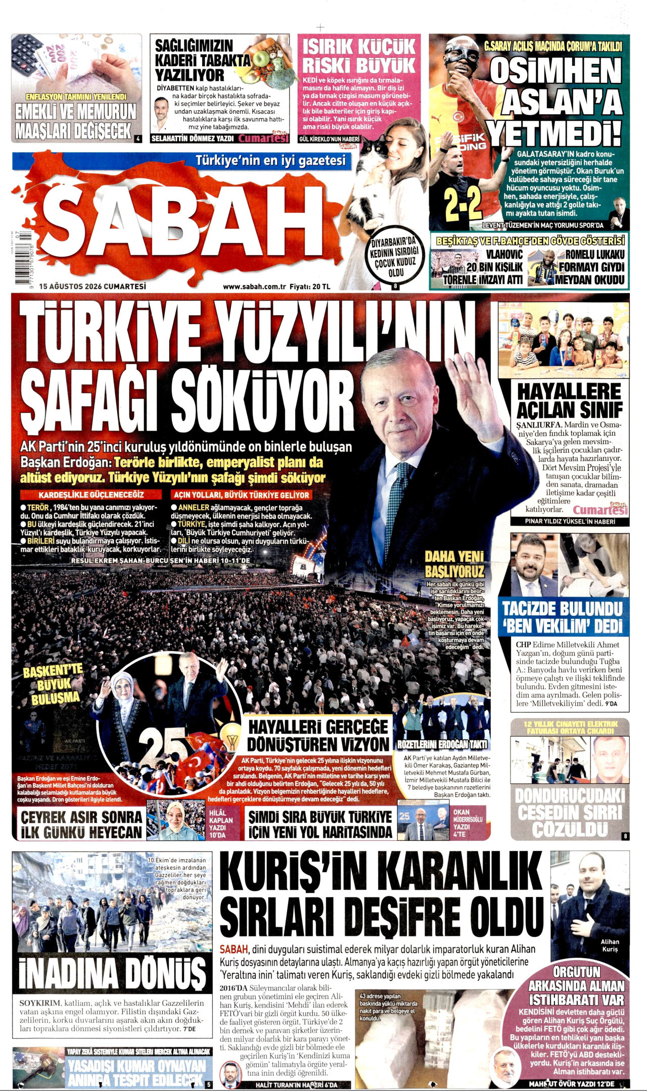 SABAH gazetesinin 15 Ağustos 2026 tarihli birinci sayfası