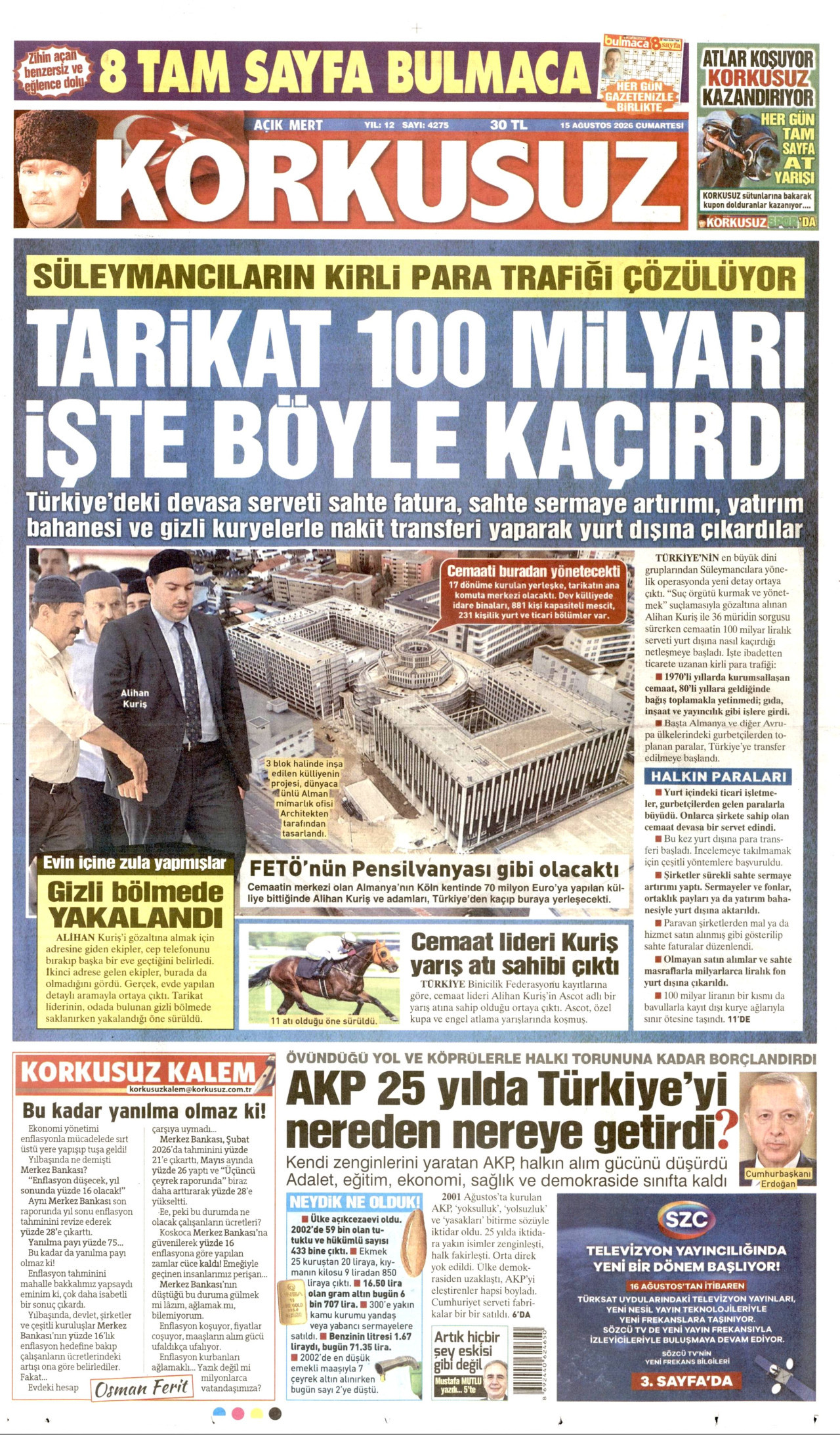KORKUSUZ gazetesinin 15 Ağustos 2026 tarihli birinci sayfası