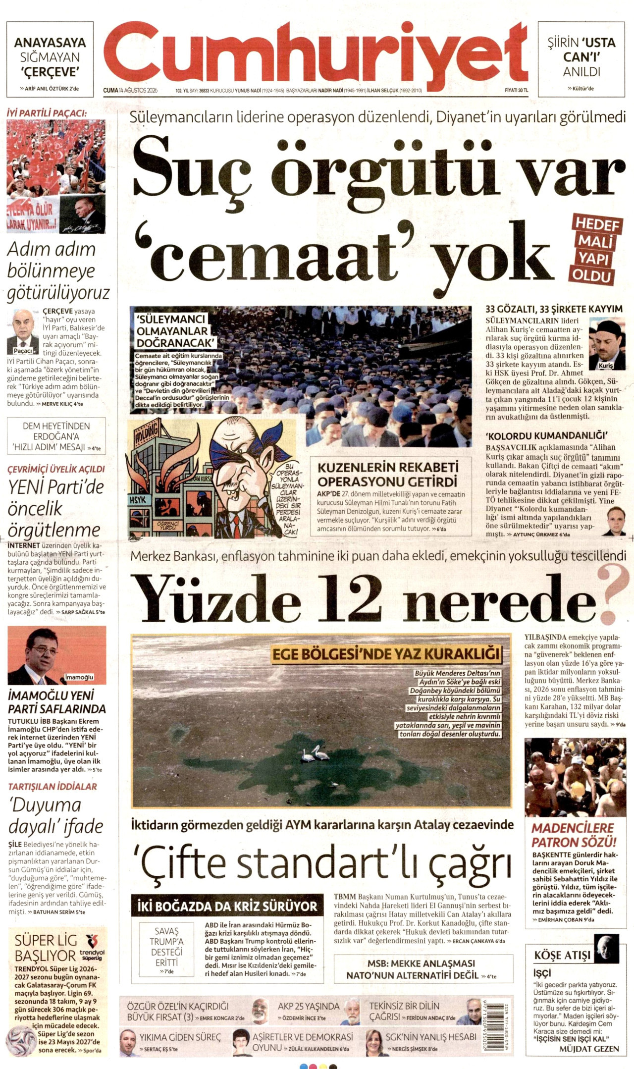 CUMHURİYET gazetesinin 14 Ağustos 2026 tarihli birinci sayfası