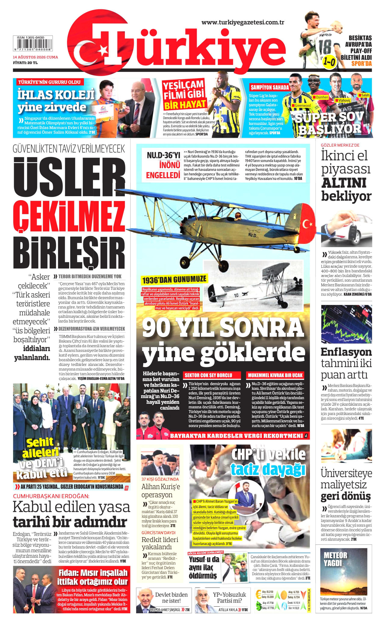 TÜRKİYE GAZETESİ gazetesinin 14 Ağustos 2026 tarihli birinci sayfası
