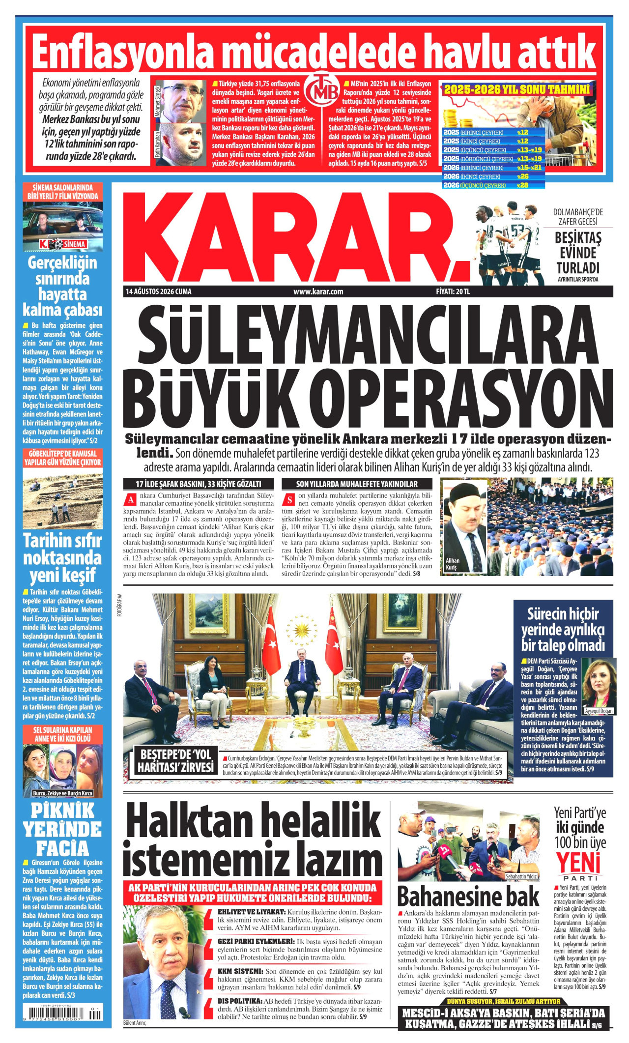 KARAR gazetesinin 14 Ağustos 2026 tarihli birinci sayfası