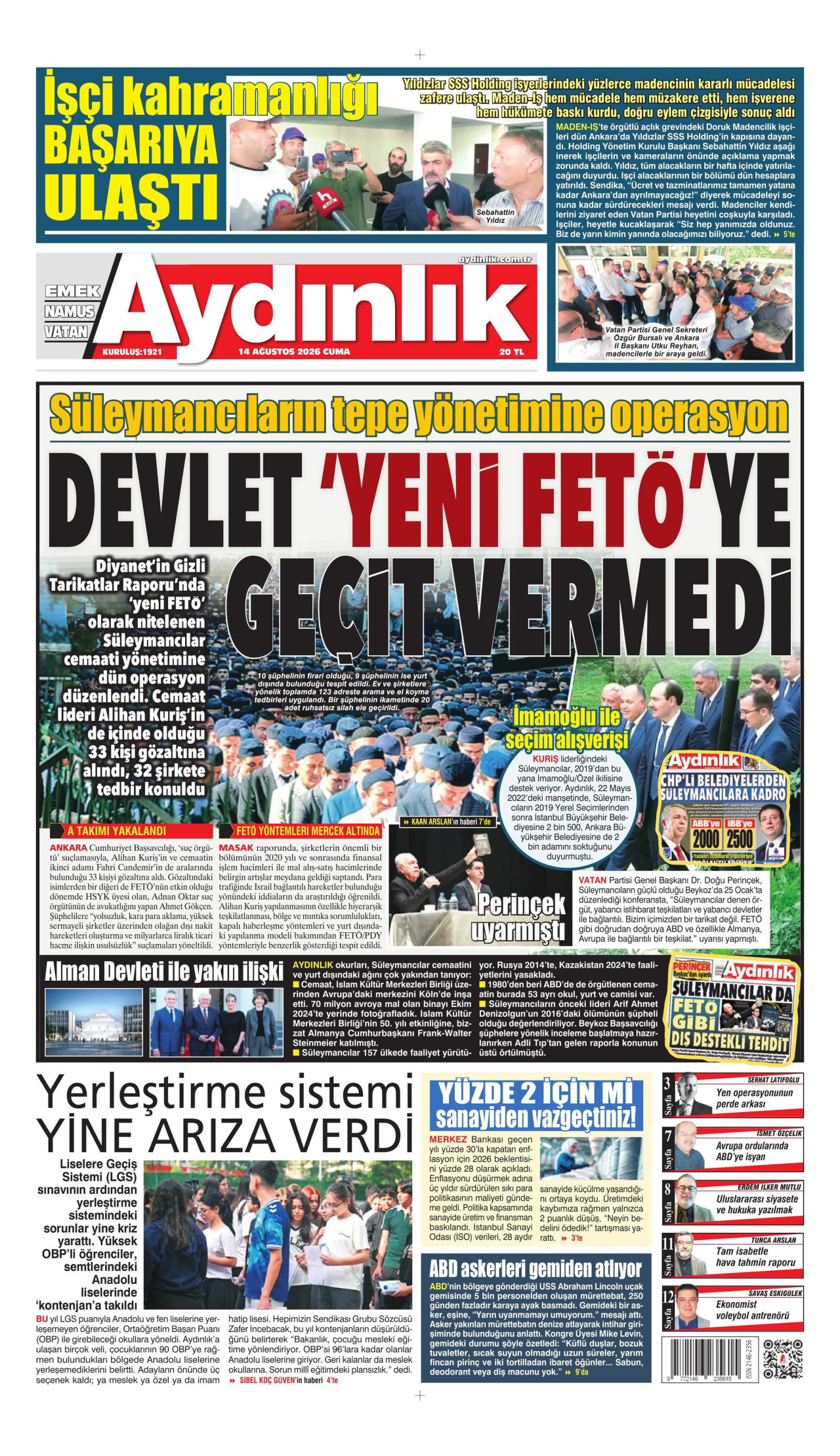 AYDINLIK GAZETESİ gazetesinin 14 Ağustos 2026 tarihli birinci sayfası