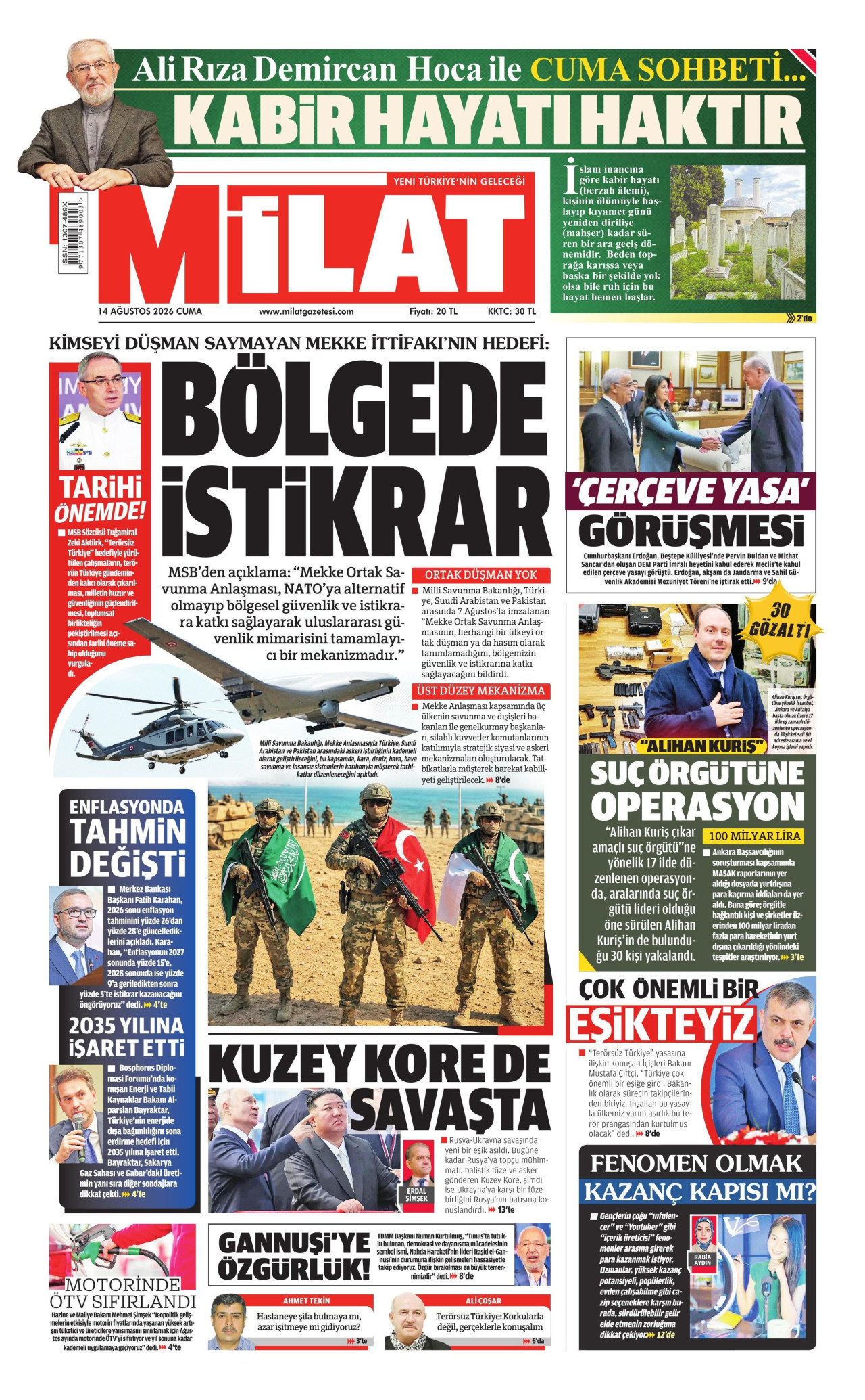 MİLAT gazetesinin 14 Ağustos 2026 tarihli birinci sayfası