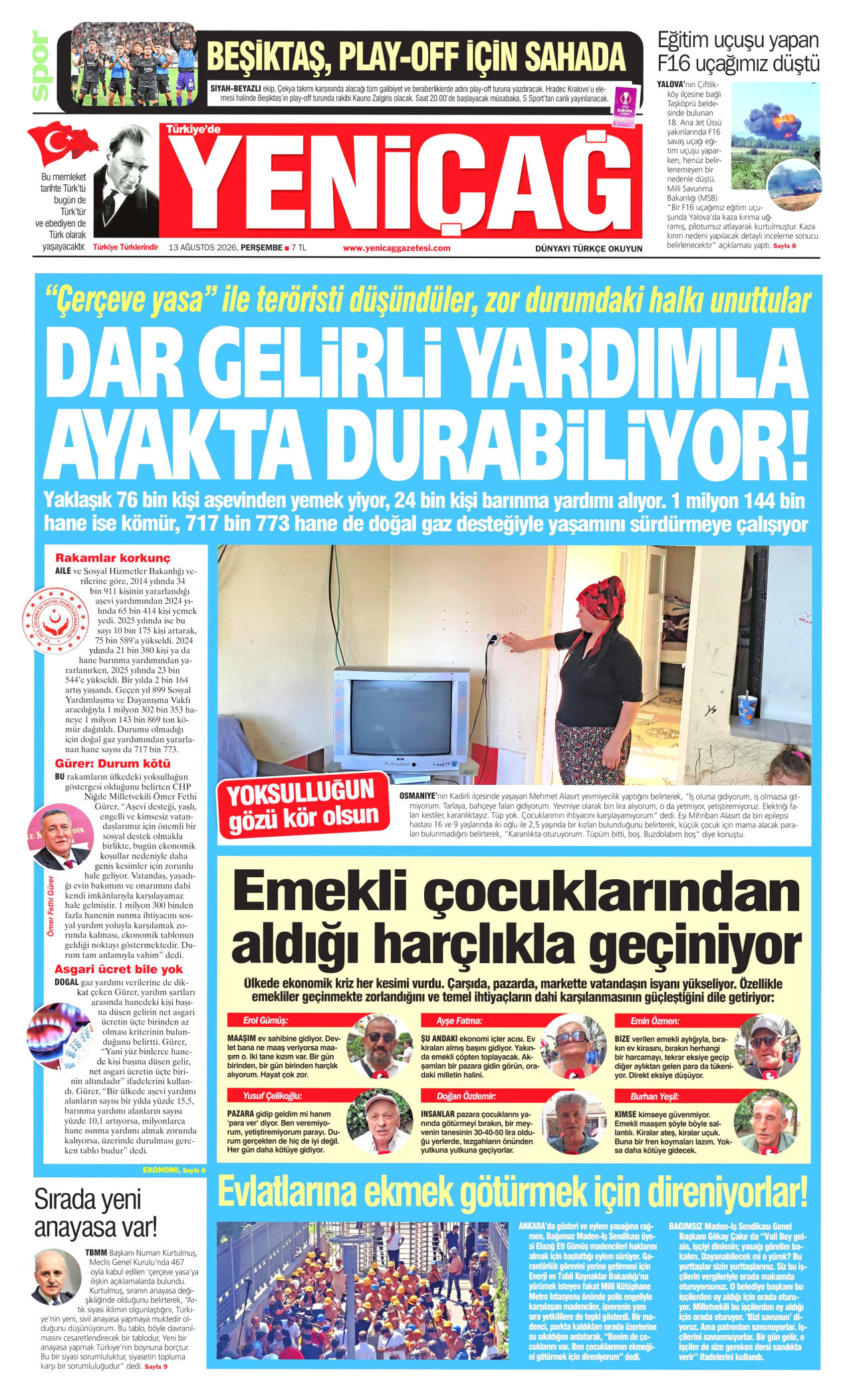 YENİÇAĞ gazetesinin 13 Ağustos 2026 tarihli birinci sayfası