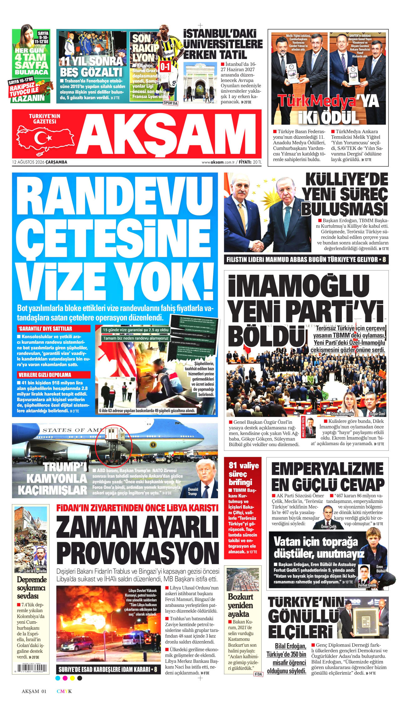 AKŞAM gazetesinin 12 Ağustos 2026 tarihli birinci sayfası