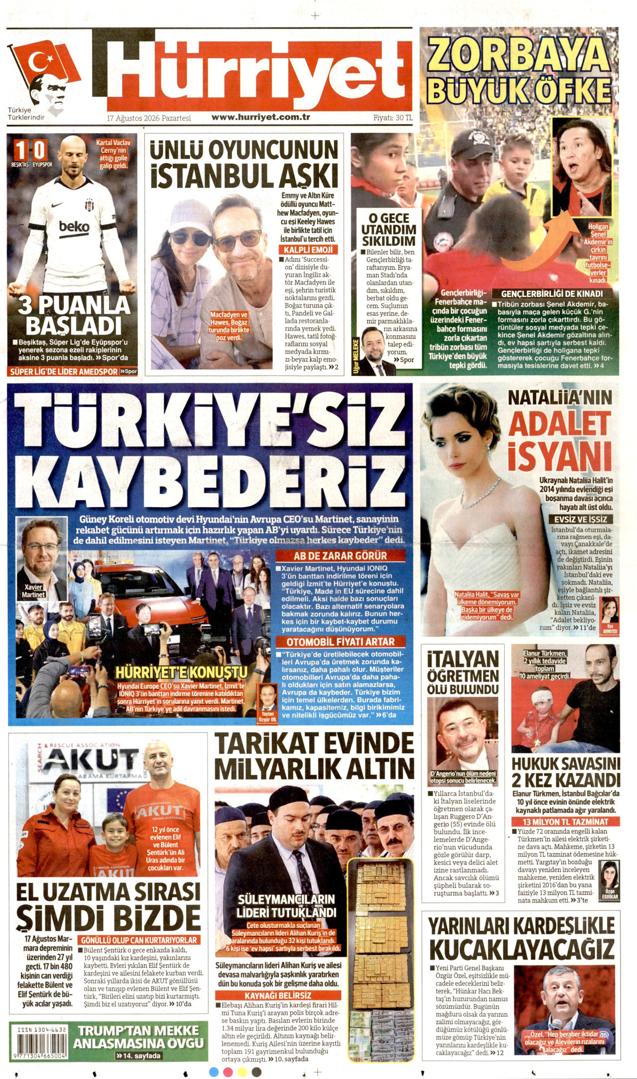 HÜRRİYET gazetesinin 17 Ağustos 2026 tarihli birinci sayfası