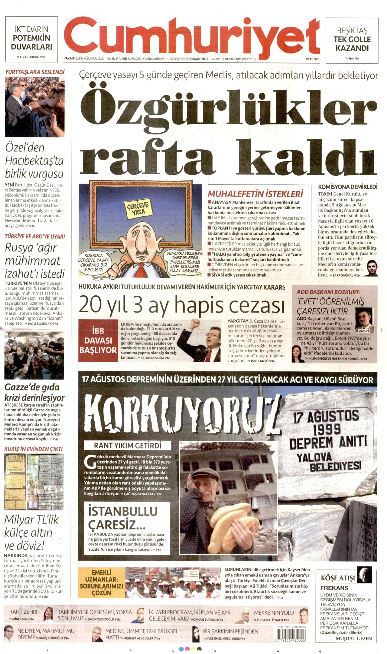 CUMHURİYET gazetesinin 17 Ağustos 2026 tarihli birinci sayfası