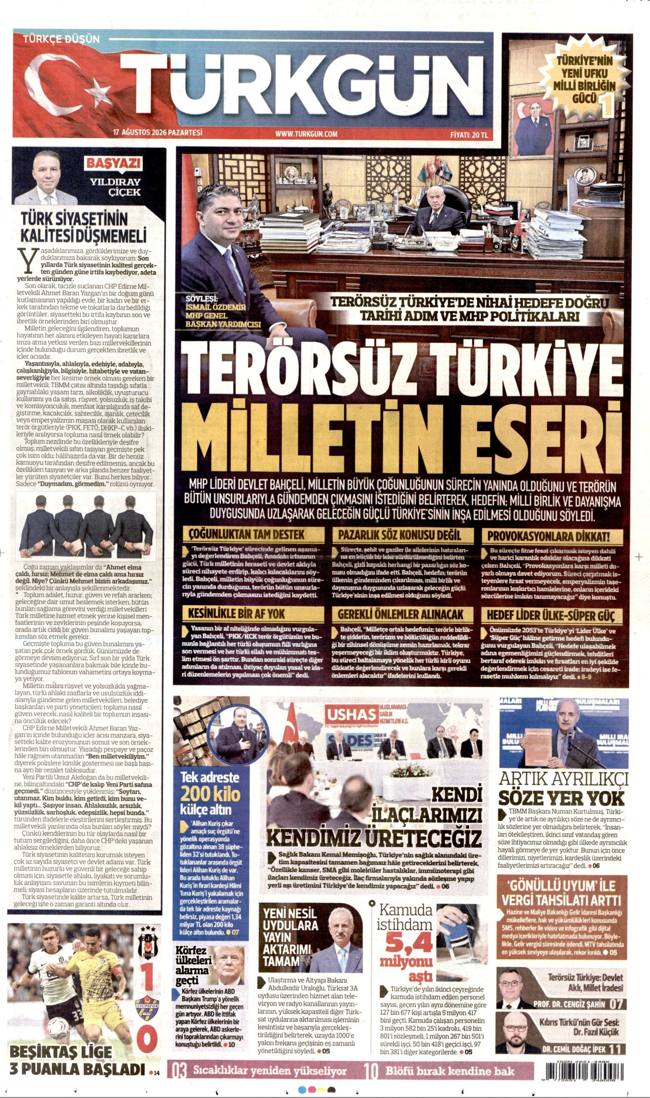 TÜRKGÜN gazetesinin 17 Ağustos 2026 tarihli birinci sayfası