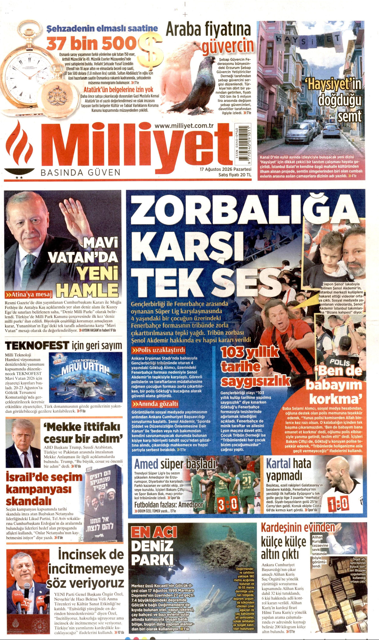 MİLLİYET gazetesinin 17 Ağustos 2026 tarihli birinci sayfası