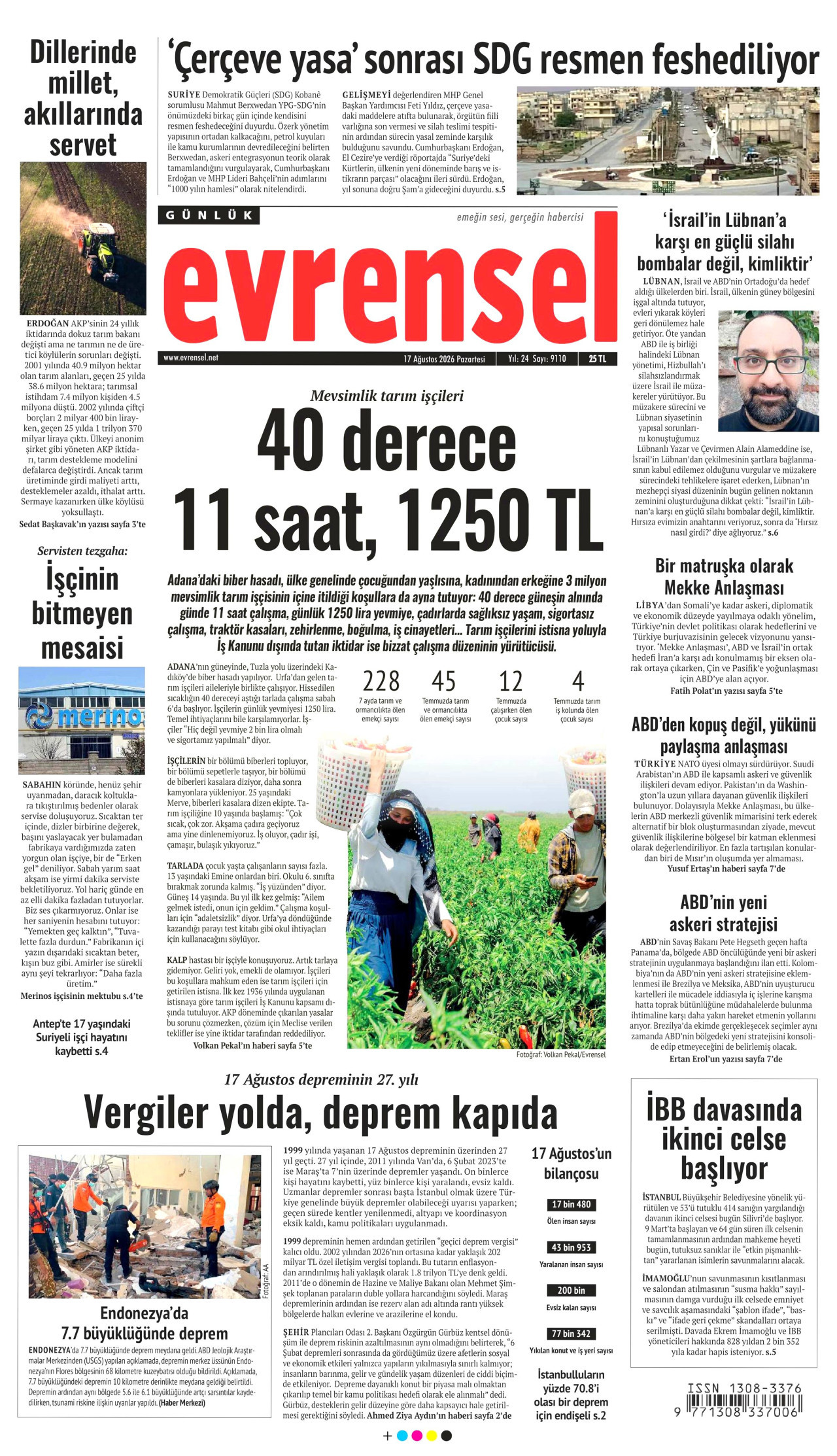 EVRENSEL gazetesinin 17 Ağustos 2026 tarihli birinci sayfası