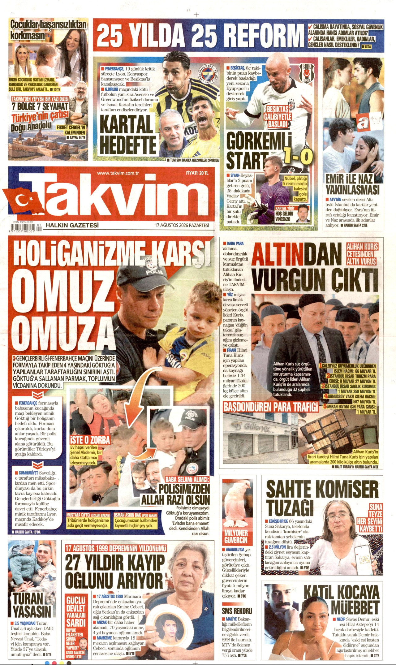 TAKVİM gazetesinin 17 Ağustos 2026 tarihli birinci sayfası