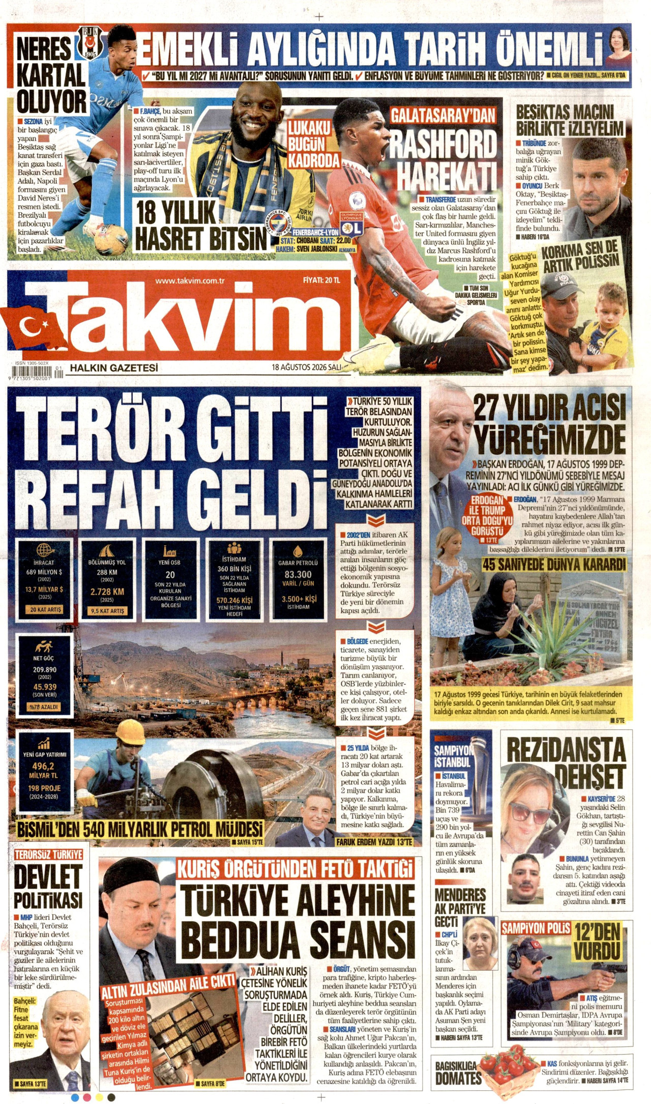 TAKVİM 18 Ağustos 2026 Gazete Manşeti Büyük