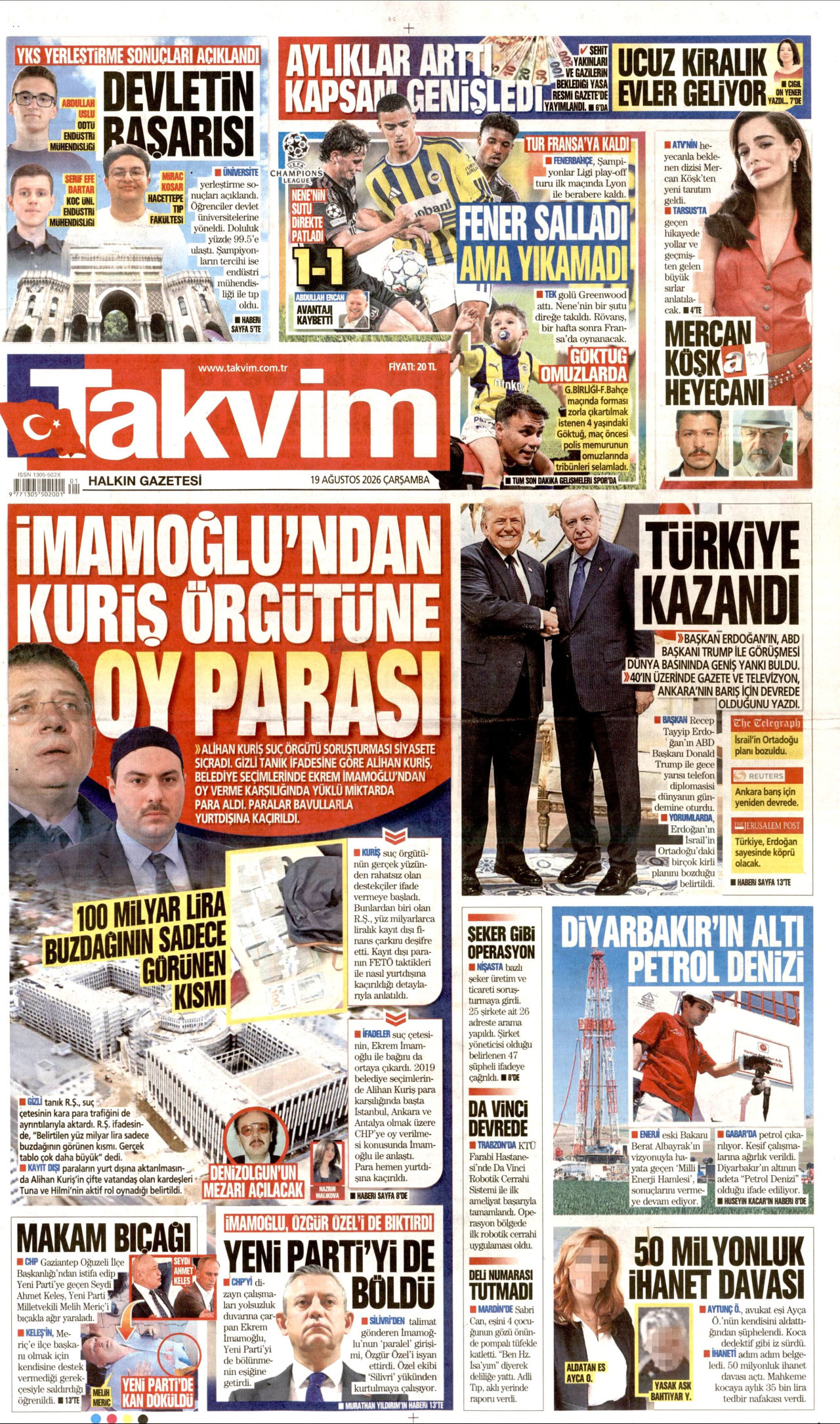 TAKVİM 19 Ağustos 2026 Gazete Manşeti Büyük