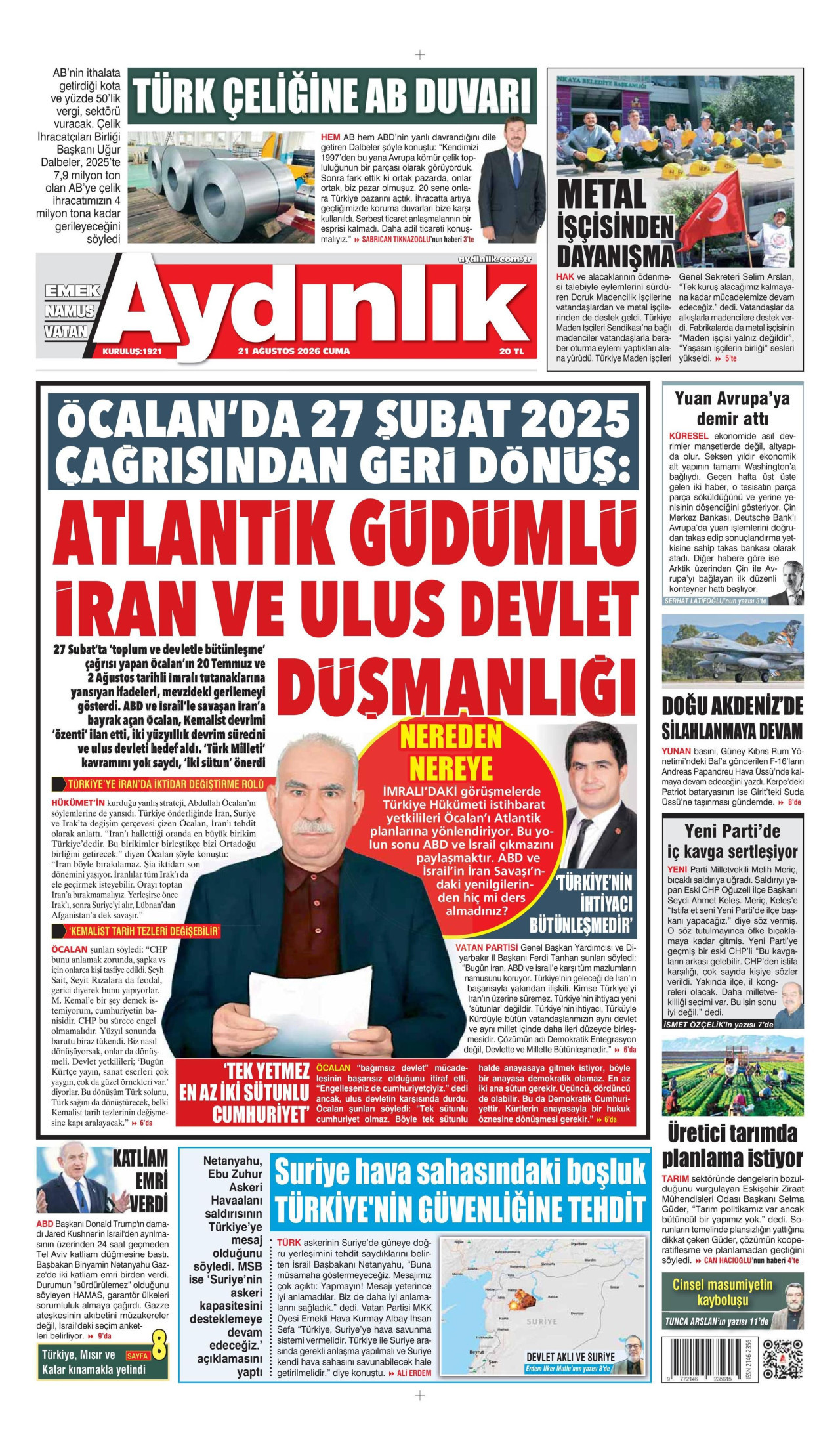 AYDINLIK GAZETESİ gazetesinin 21 Ağustos 2026 tarihli birinci sayfası