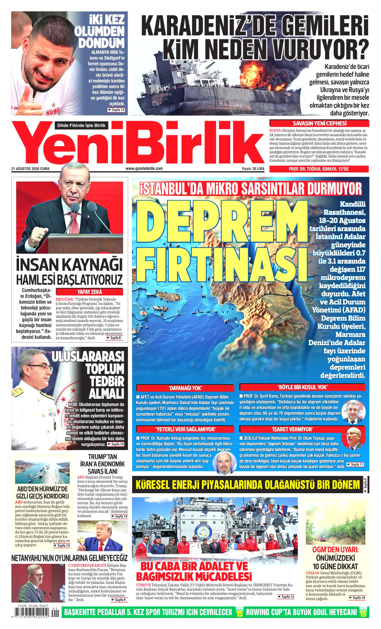 YENİBİRLİK gazetesinin 21 Ağustos 2026 tarihli birinci sayfası