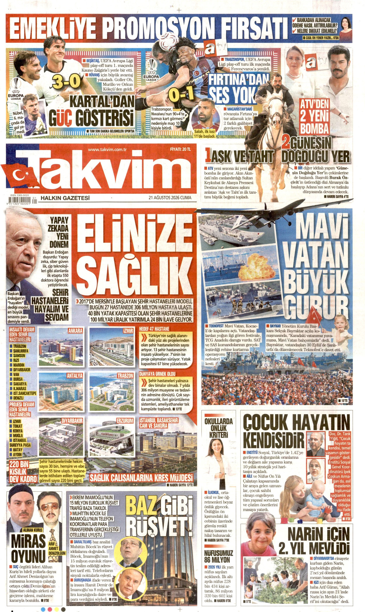 TAKVİM gazetesinin 21 Ağustos 2026 tarihli birinci sayfası