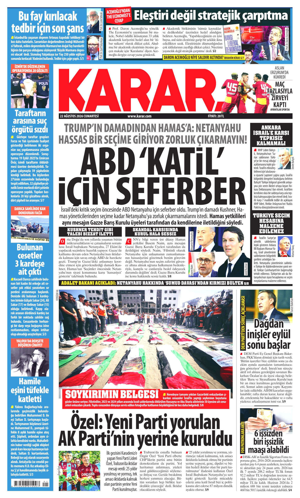 KARAR gazetesinin 22 Ağustos 2026 tarihli birinci sayfası