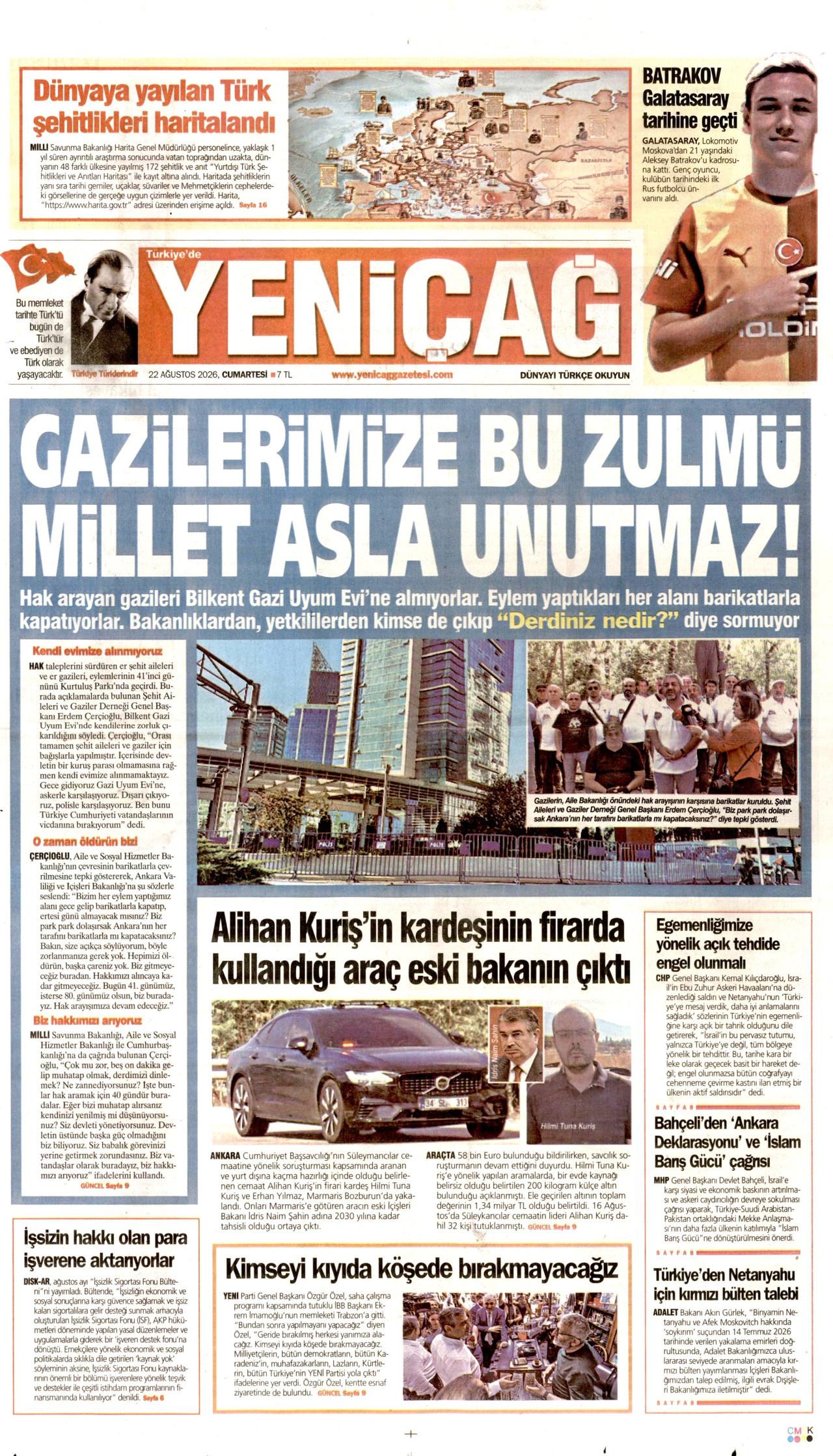 YENİÇAĞ gazetesinin 22 Ağustos 2026 tarihli birinci sayfası