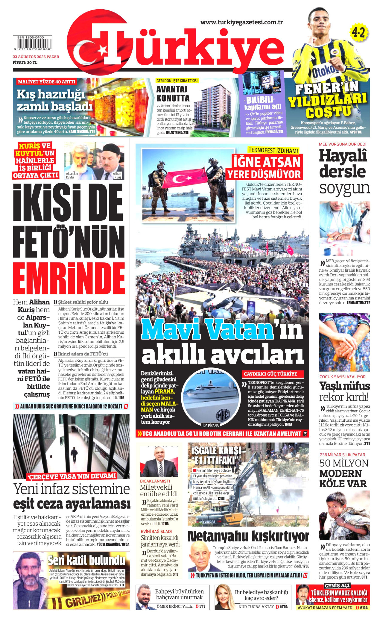 TÜRKİYE GAZETESİ gazetesinin 23 Ağustos 2026 tarihli birinci sayfası