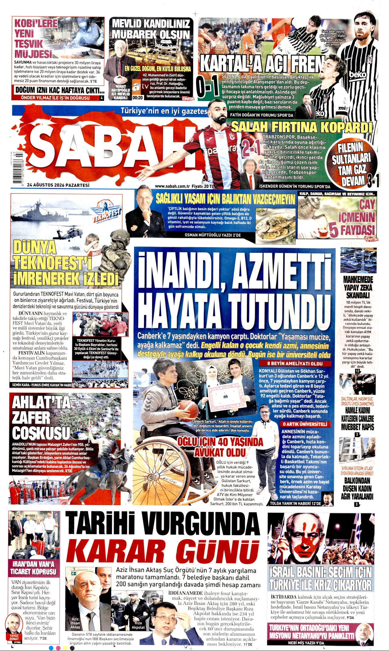 SABAH 24 Ağustos 2026 Gazete Manşeti Büyük