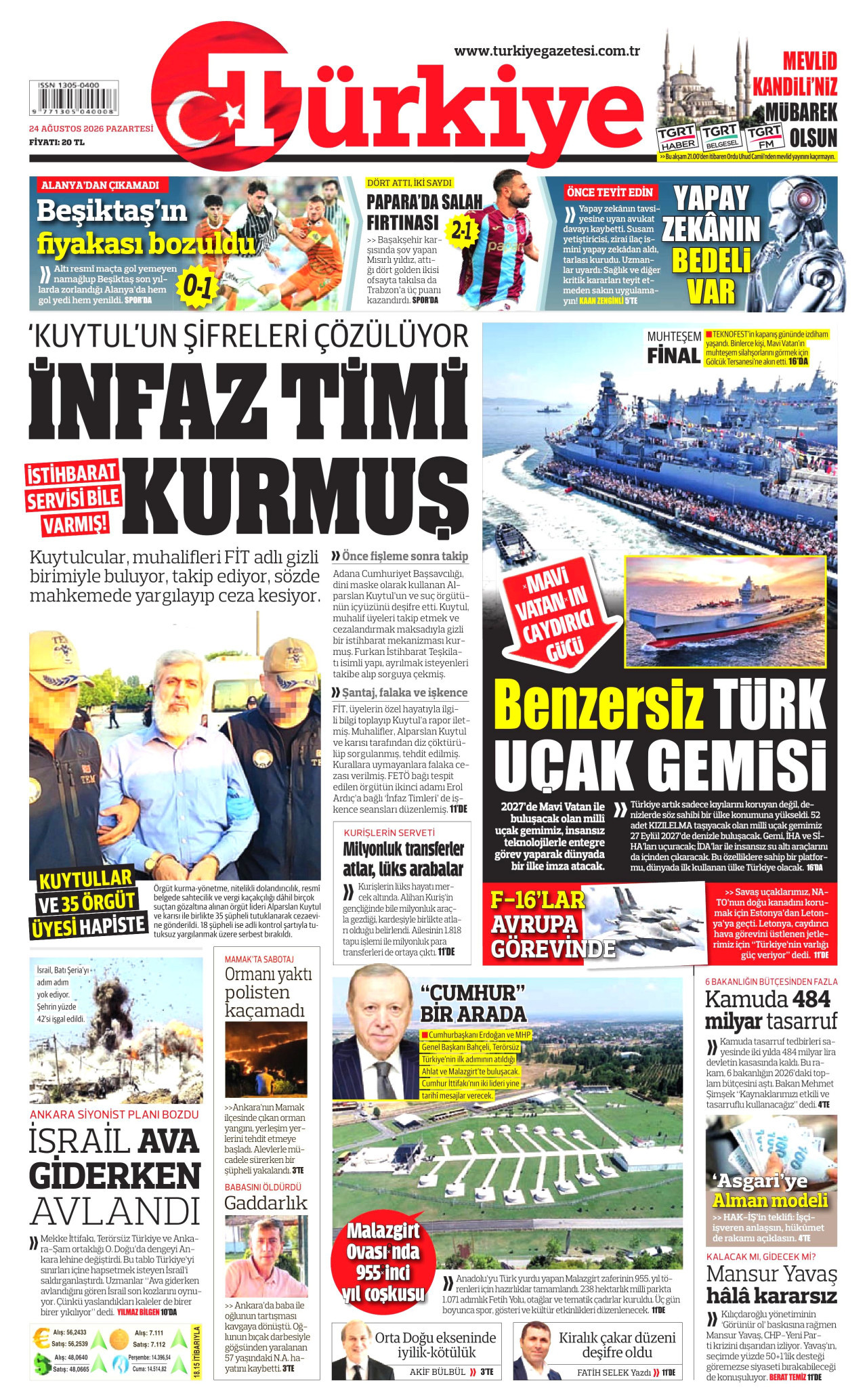 TÜRKİYE GAZETESİ 24 Ağustos 2026 Gazete Manşeti Büyük