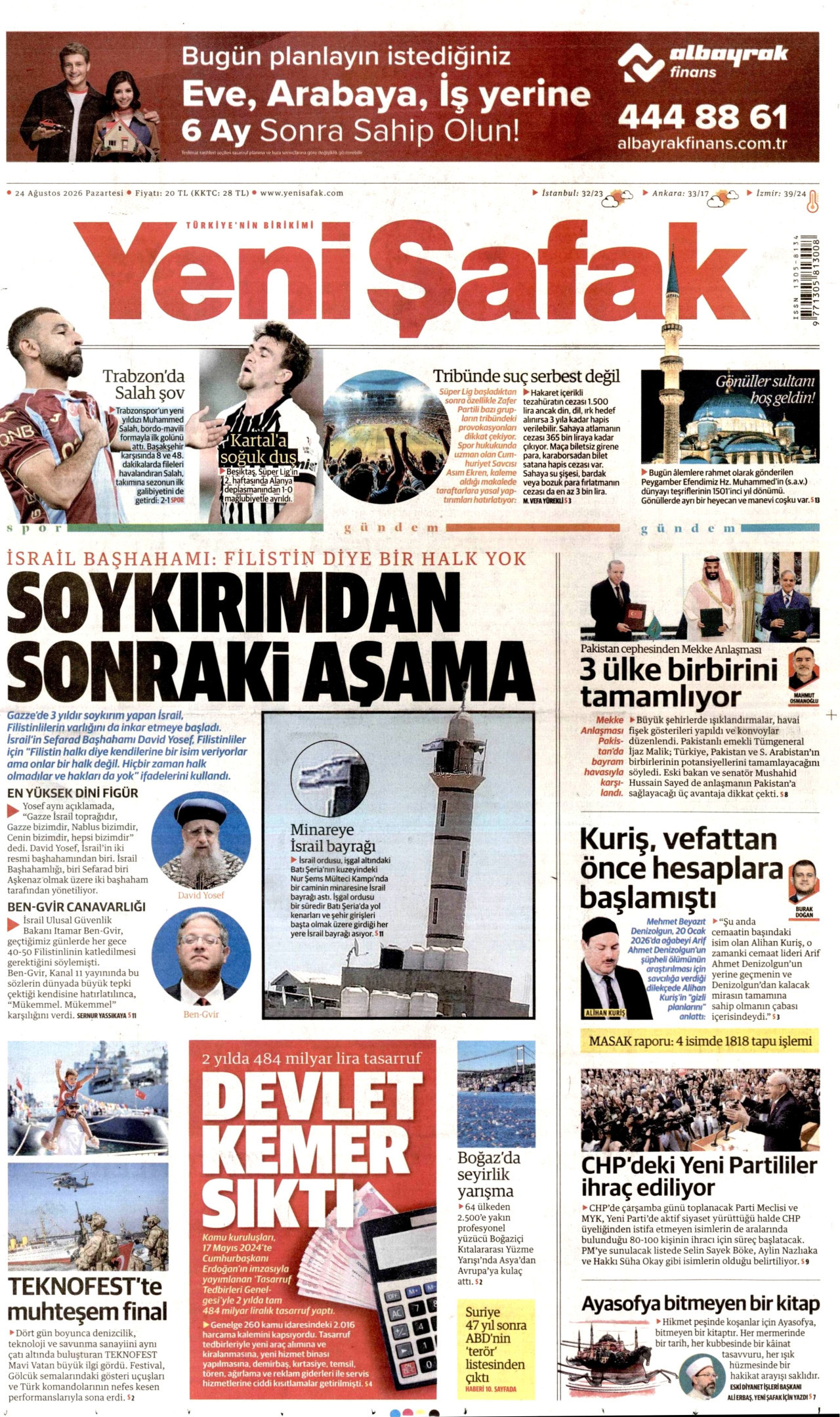 YENİ ŞAFAK 24 Ağustos 2026 Gazete Manşeti Büyük