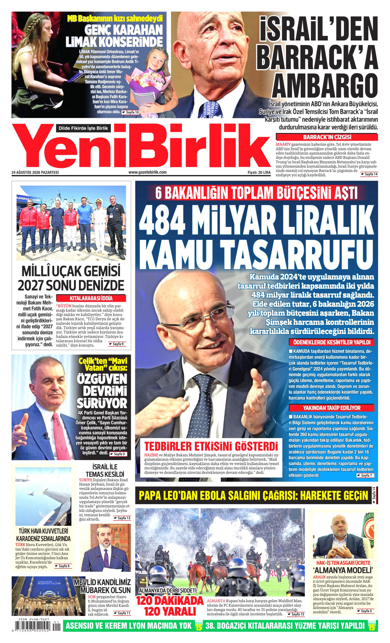 YENİBİRLİK 24 Ağustos 2026 Gazete Manşeti Büyük