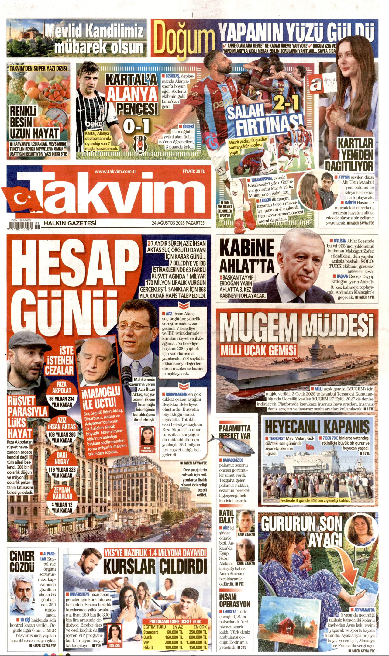 TAKVİM 24 Ağustos 2026 Gazete Manşeti Büyük