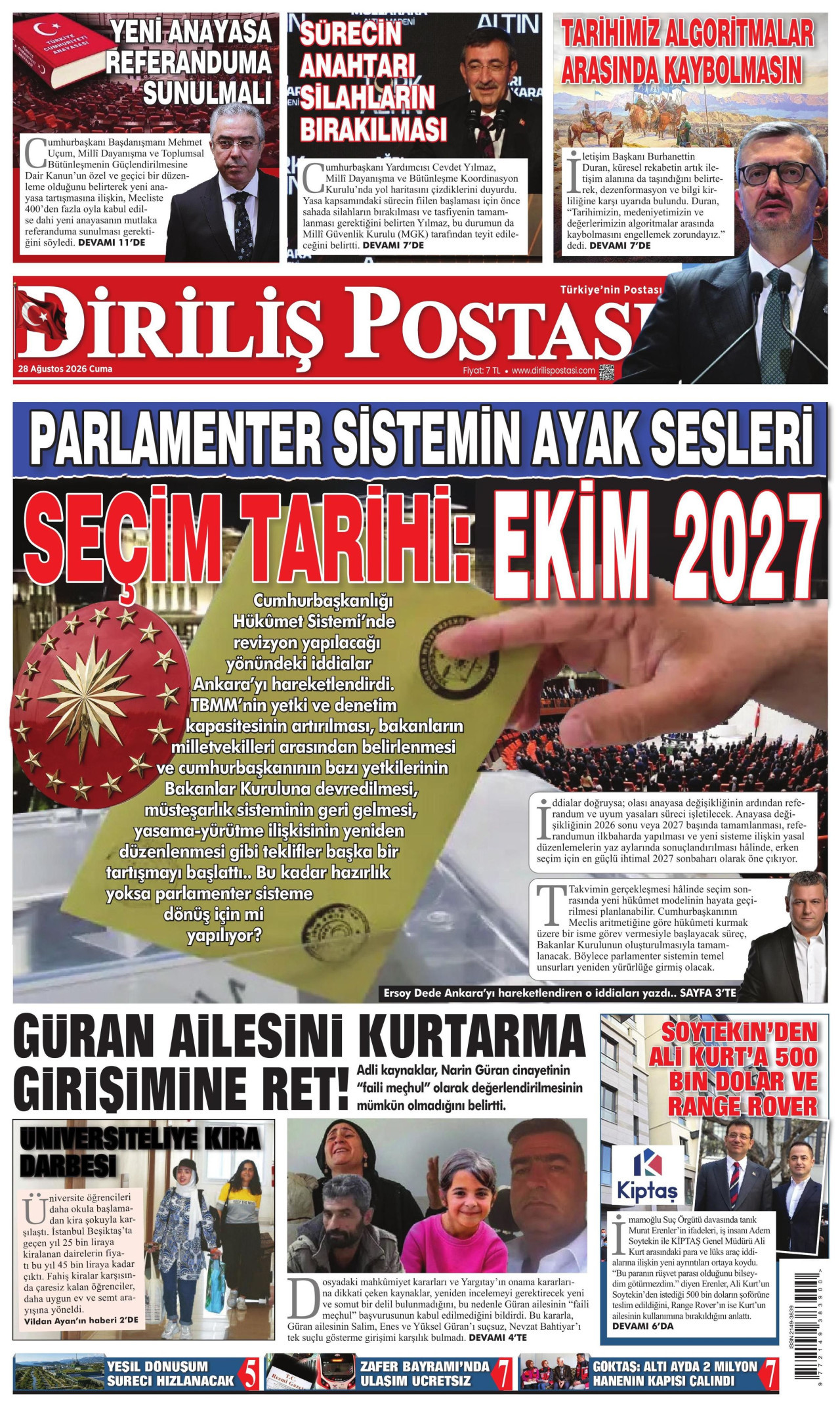 DİRİLİŞ POSTASI 28 Ağustos 2026 Gazete Manşeti Büyük