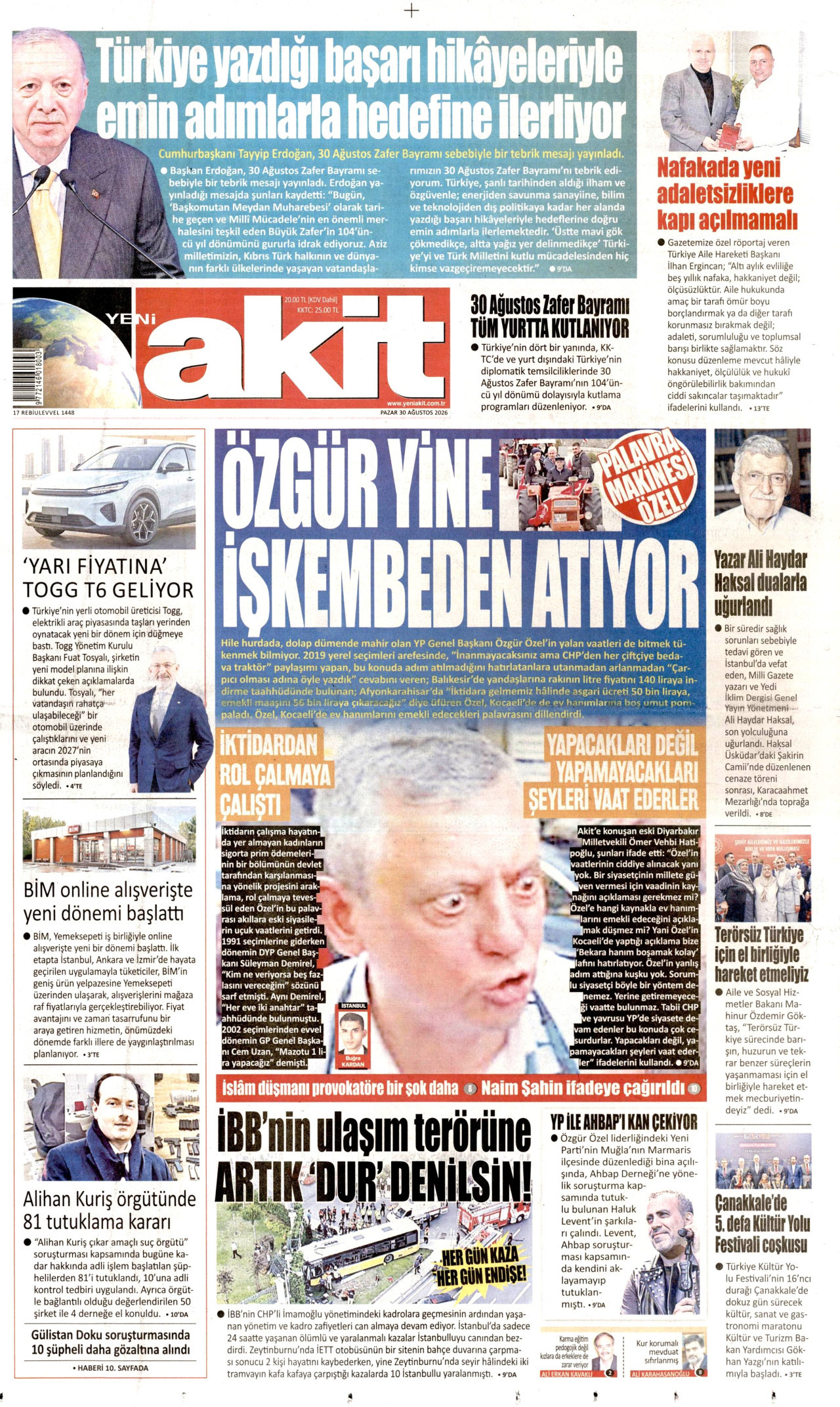 YENİ AKİT 30 Ağustos 2026 Gazete Manşeti Büyük