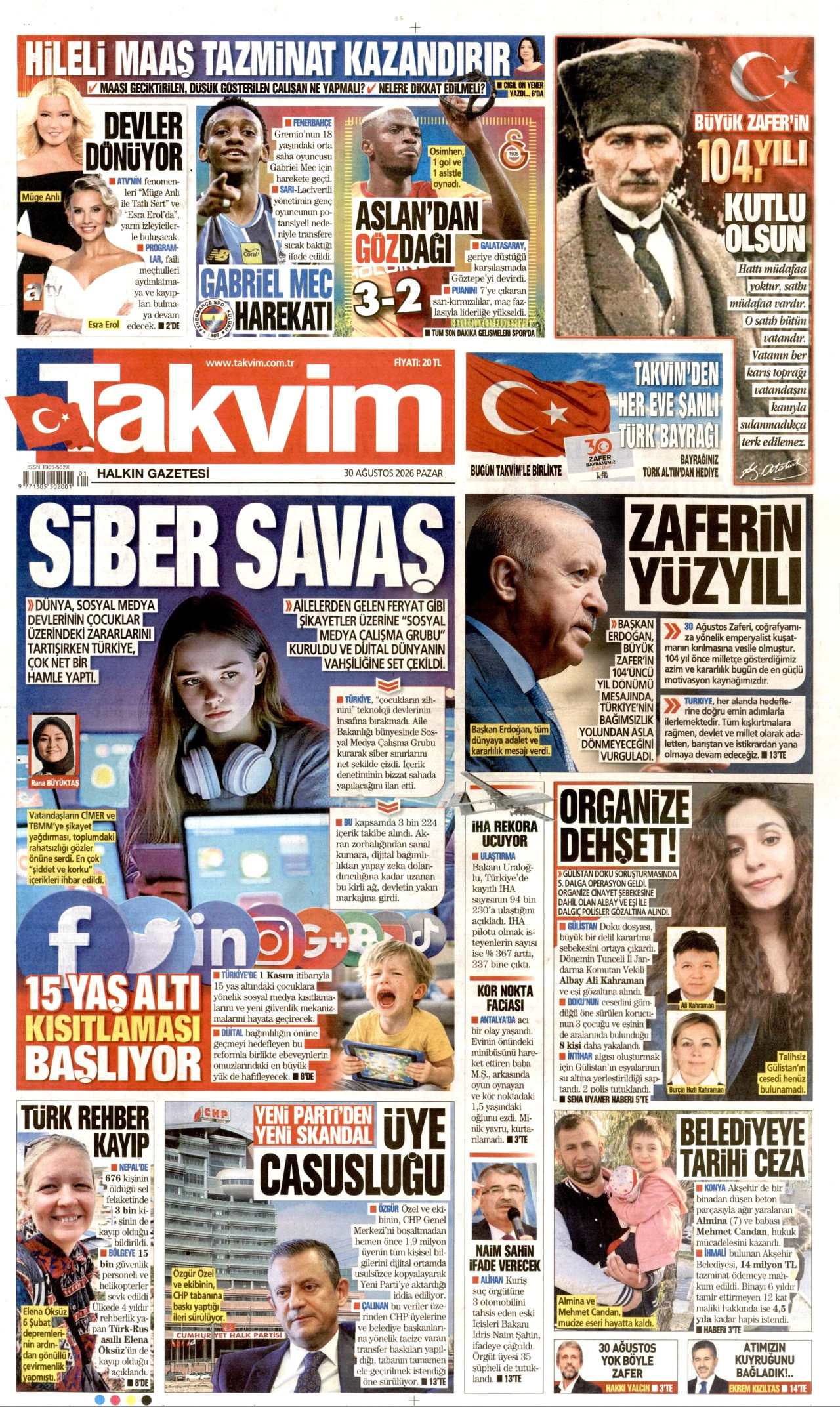 TAKVİM 30 Ağustos 2026 Gazete Manşeti Büyük