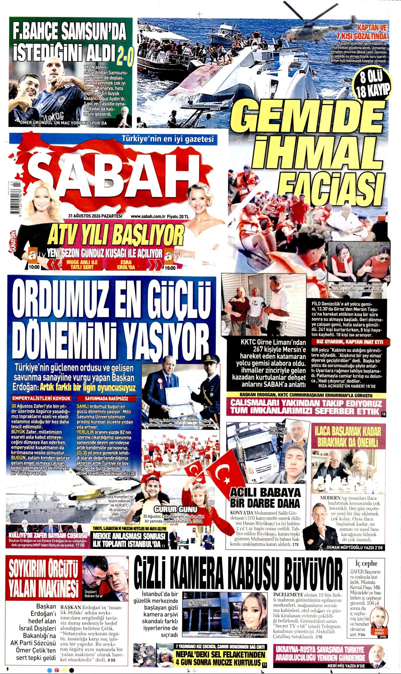 SABAH 31 Ağustos 2026 Gazete Manşeti Büyük