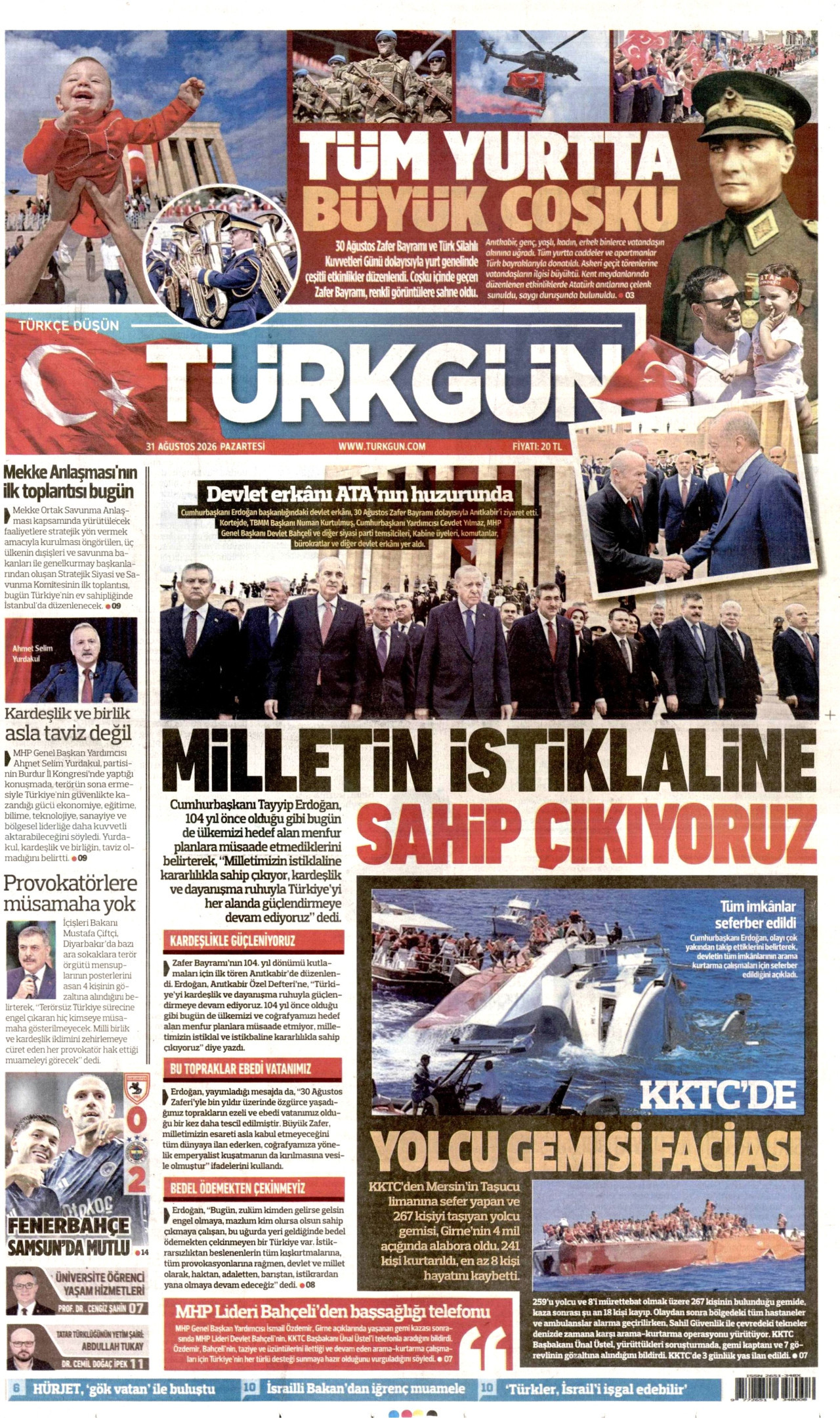 TÜRKGÜN 31 Ağustos 2026 Gazete Manşeti Büyük
