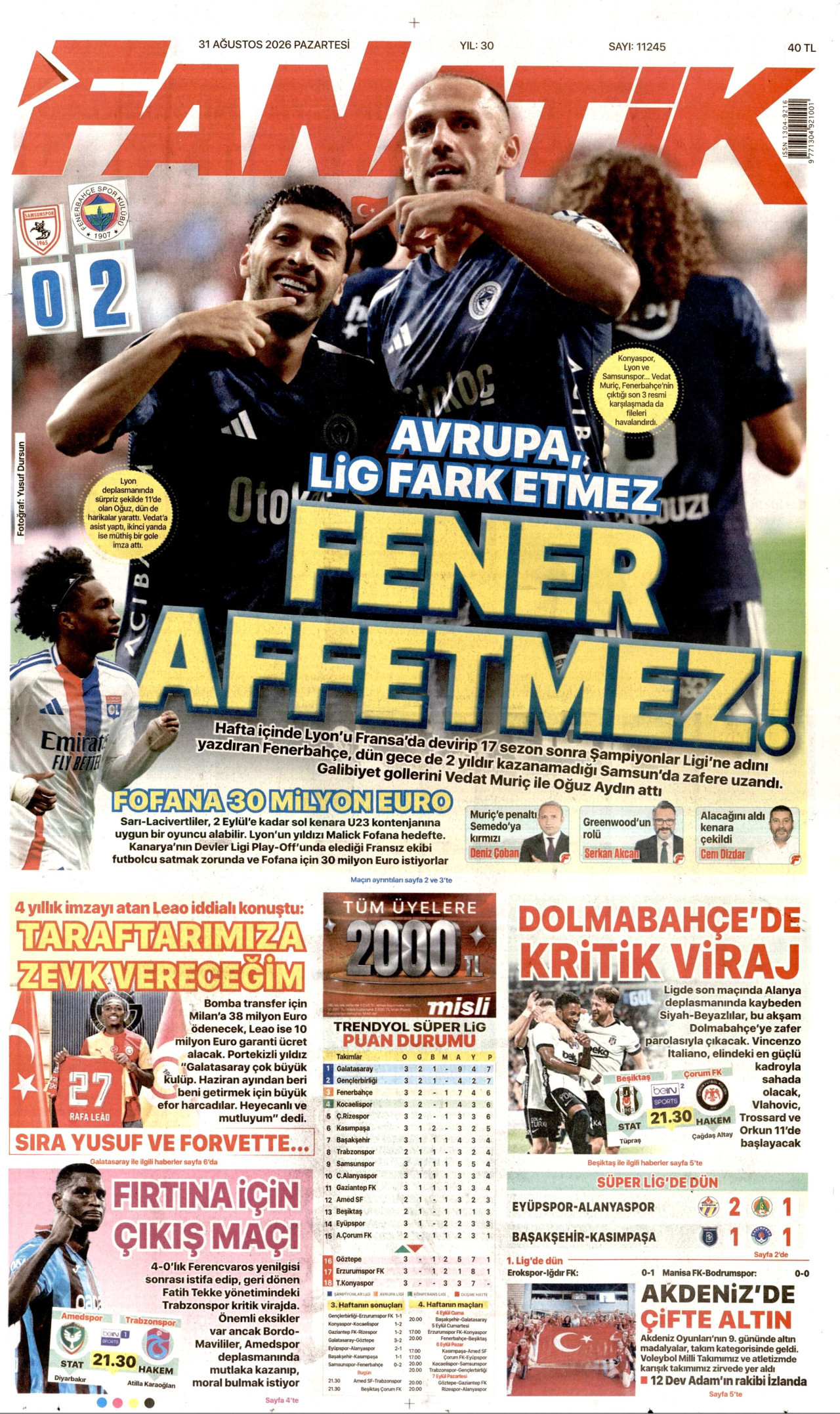 FANATİK 31 Ağustos 2026 Gazete Manşeti Büyük