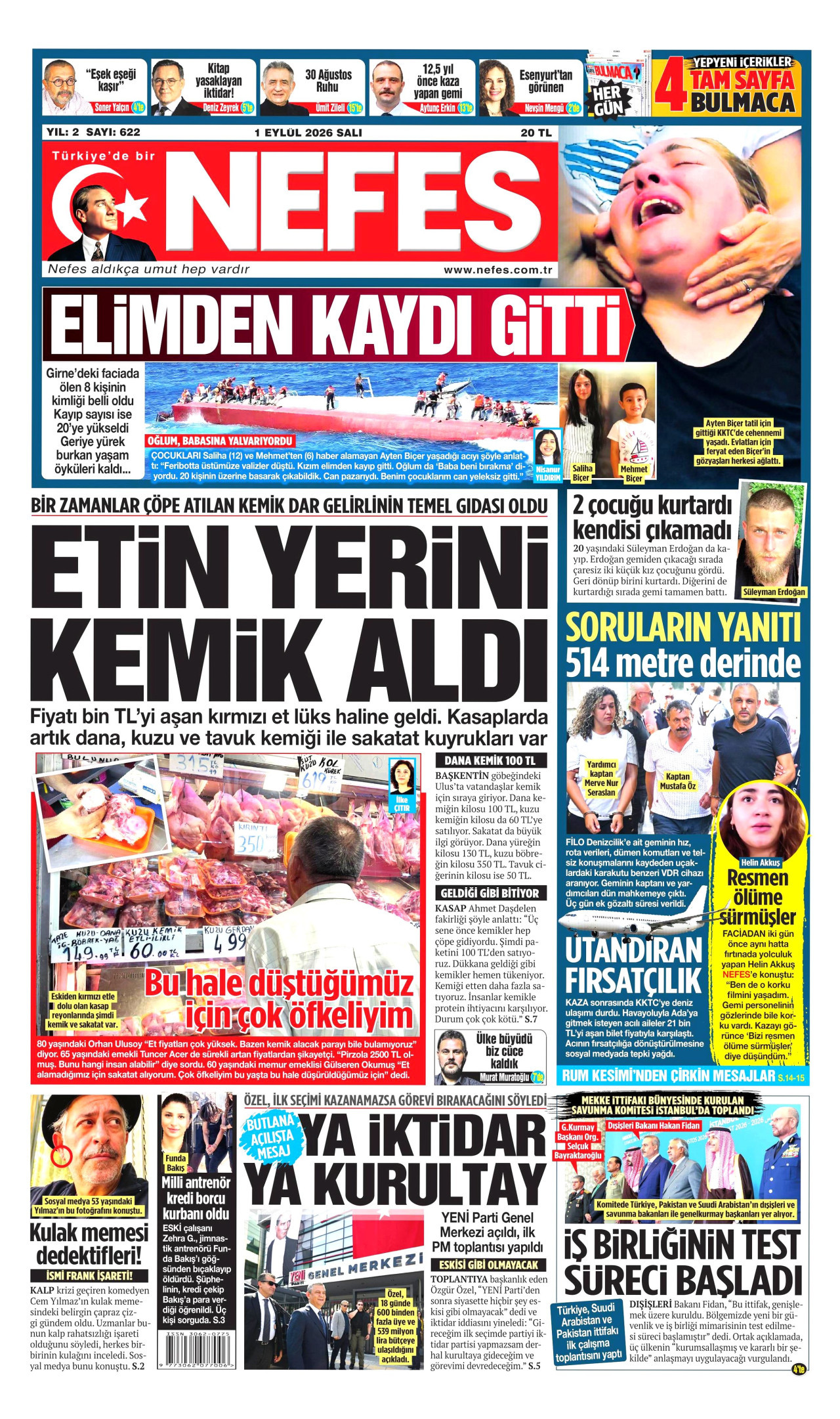 NEFES gazetesinin 1 Eylül 2026 tarihli birinci sayfası