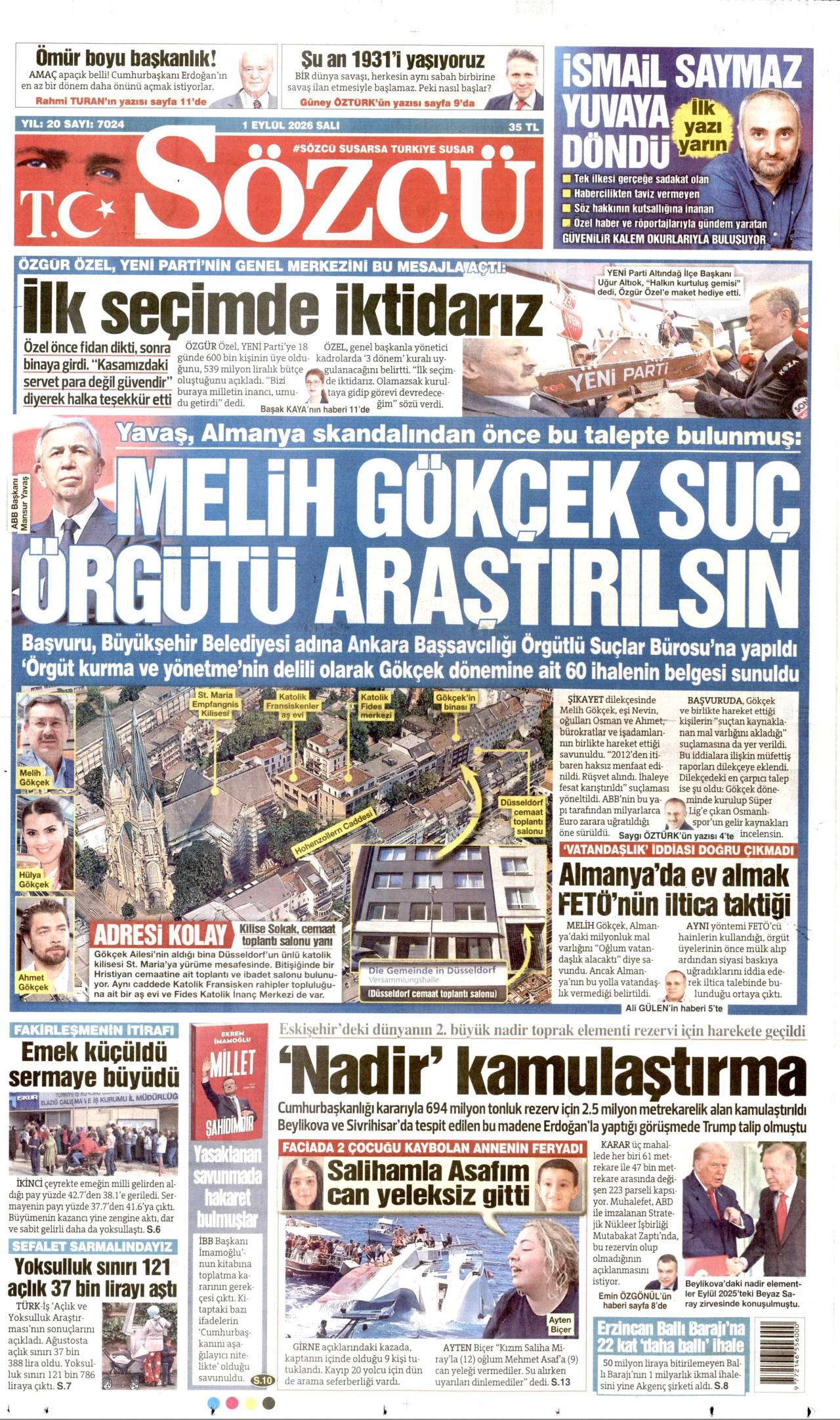 SÖZCÜ gazetesinin 1 Eylül 2026 tarihli birinci sayfası